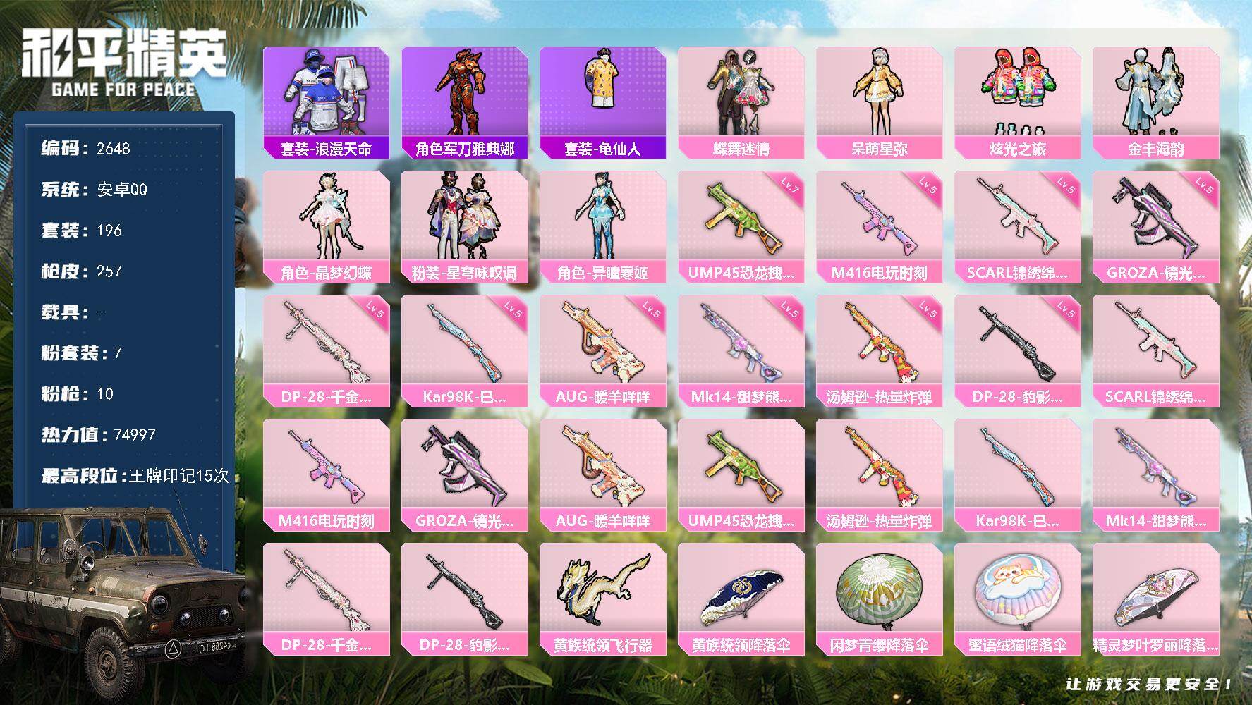 和平精英账号安卓QQ0载具-196套装-257枪皮-196套装/枪械10/装备308/战备205/王牌印记15/热力值7
