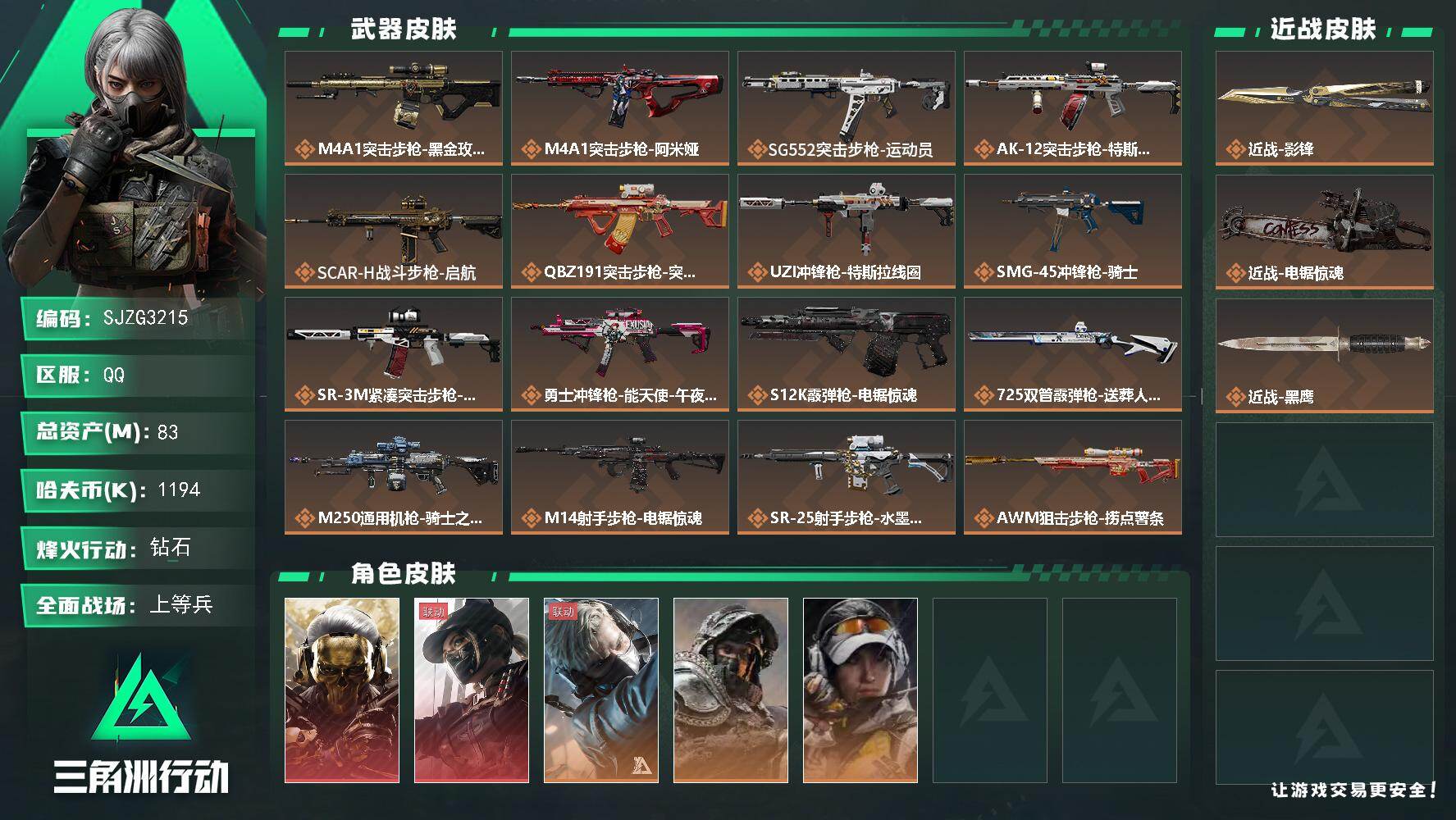 三角洲行动账号QQ【SJZG3215】总资产(M)：83M/哈夫币(K)：1194K/哈夫币(K)：1194K/传说枪