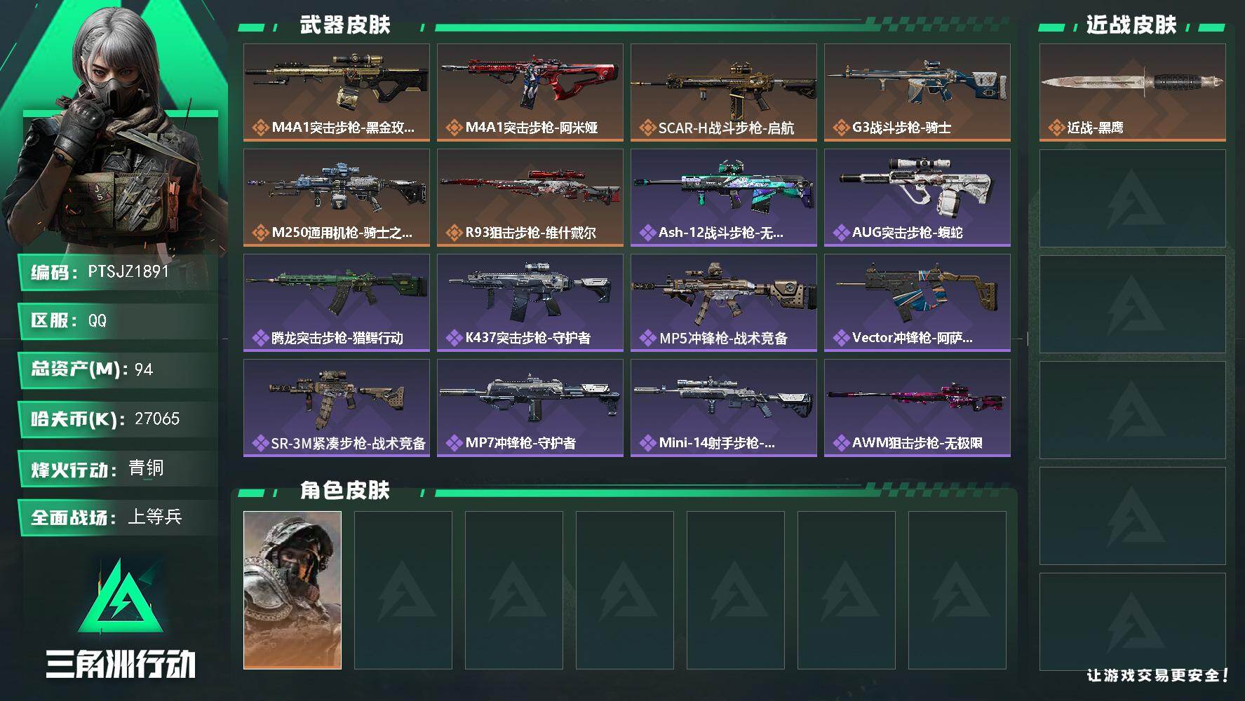 三角洲行动账号QQ【PTSJZ1891】总资产(M)：94M/哈夫币(K)：27065K/哈夫币(K)：27065K/