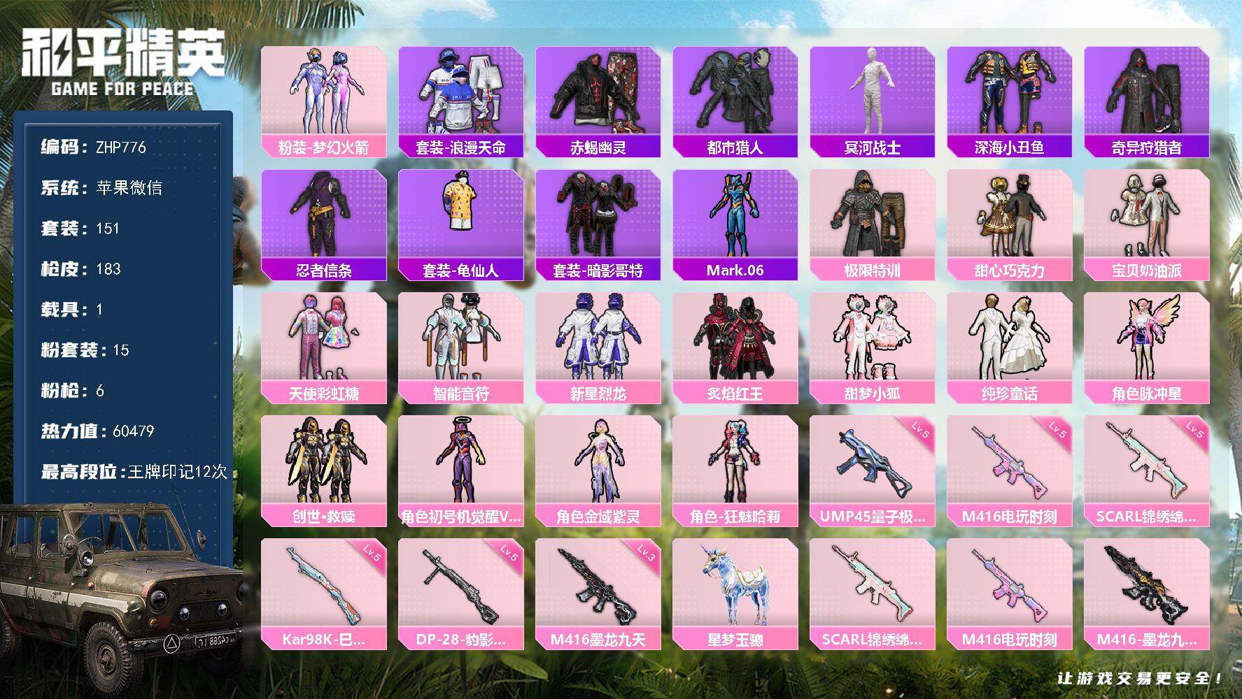 和平精英账号苹果微信1载具-151套装-183枪皮-苹果 微信-15粉装-6特效枪-1载具-5粉色飞行器-60479热力