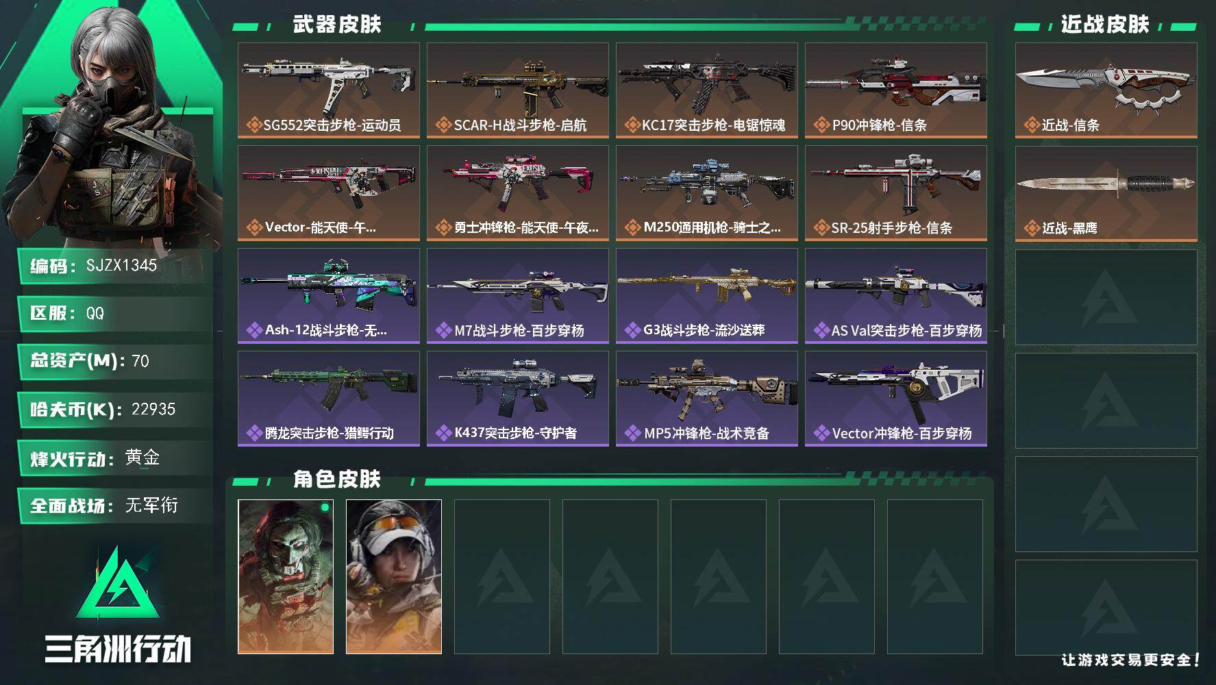 三角洲行动账号QQ【SJZX1345】总资产(M)：70M/哈夫币(K)：22935K/哈夫币(K)：22935K/传说枪皮数：8/全面战场等级：1_段位：无段位/烽火地带等级：60_段位：黄金/红狼-电锯惊魂/露娜