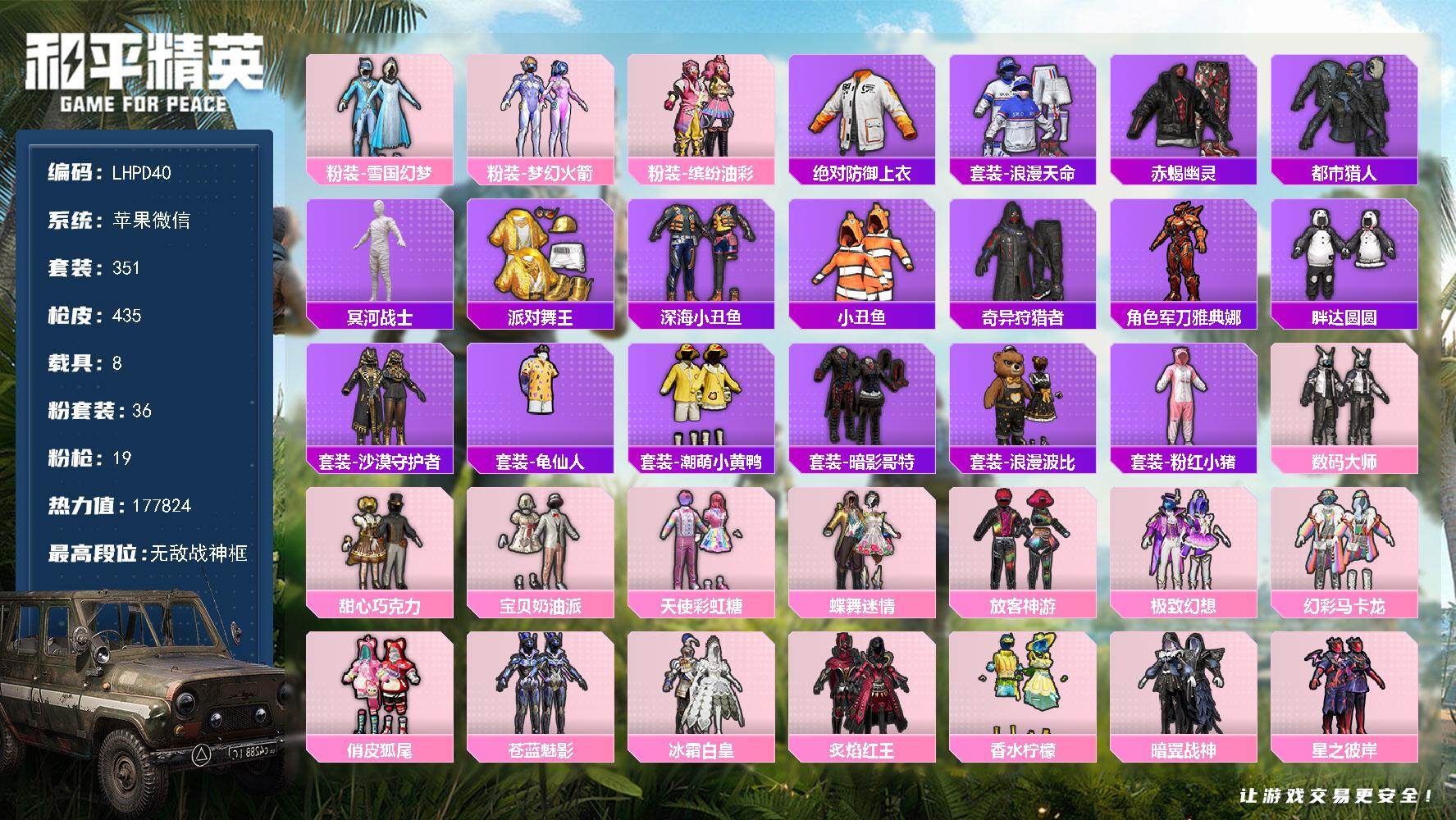 和平精英账号苹果微信8载具-351套装-435枪皮-极品素材男神号！！地铁满天赋！！！【店主推荐捡漏号！有二次可可直接换