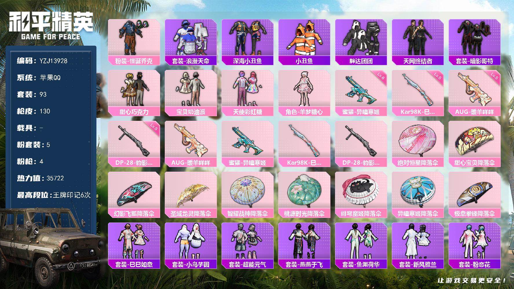 PX_2406777-可二次苹果Q-3稀有5粉装4特效枪11热门93套装130枪皮 35722热力值 精氪身法素材号 粉丝标 小丑 巧克力三姐妹 羊梦糖心 天网 胖达团团 青涩年华 红眼罩 