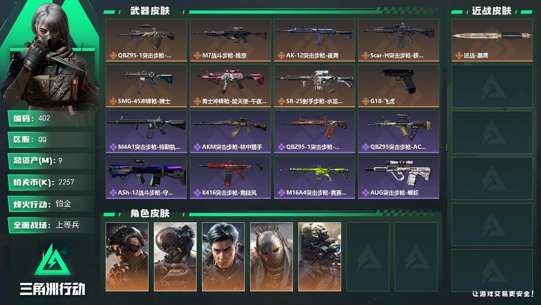 三角洲行动账号QQ9m总资产-2257k哈伏币-60烽火等级-铂金-18战场等级-上等兵
【干员外观】：威龙-铁面判官