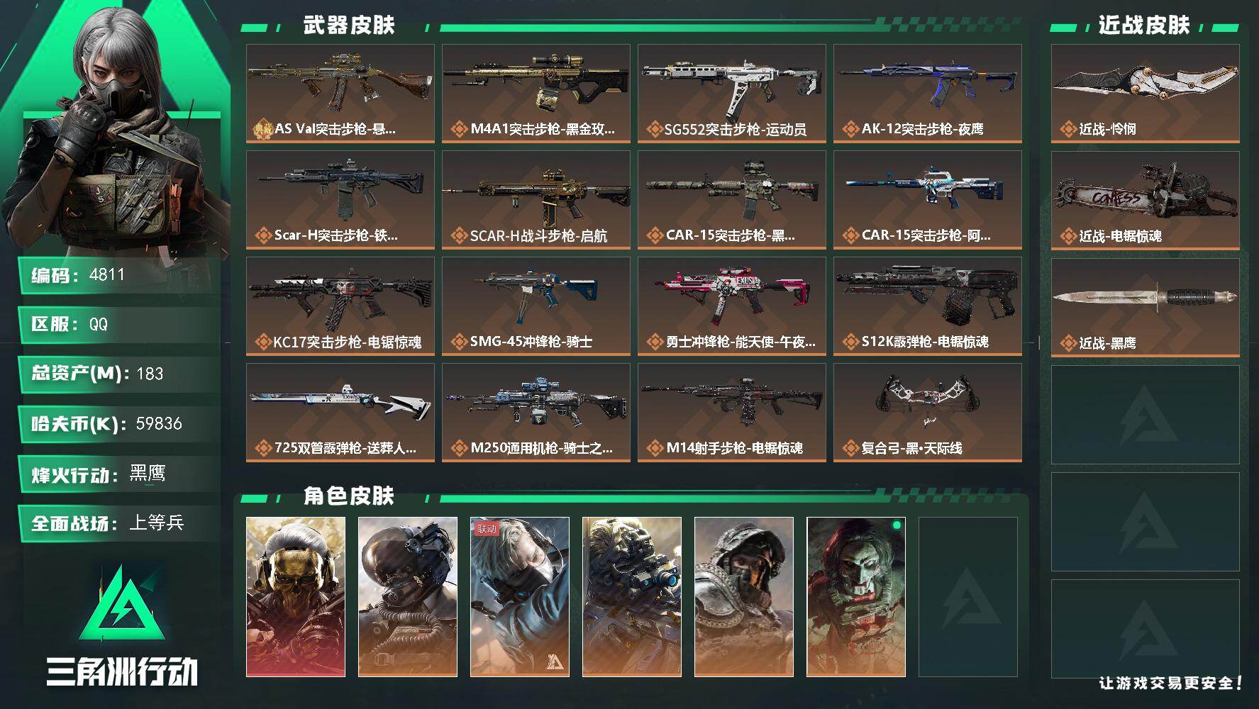 三角洲行动账号QQ总资产(M)：183M/哈夫币(K)：59836K/哈夫币(K)：59836K/传说枪皮数：16/全