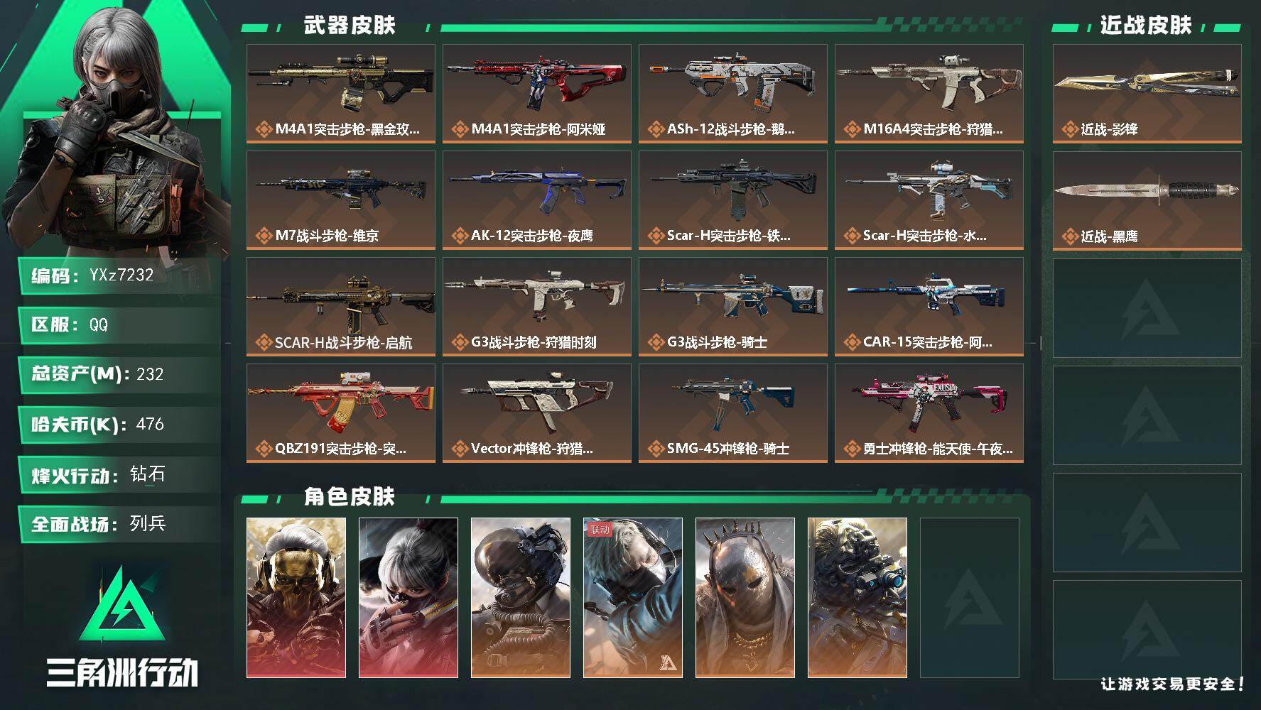 三角洲行动账号QQ【热门皮肤号：双红+单刀-蚀金玫瑰+水墨云图+影锋】【Q区三端互通】【无二次协助处理】YXz7232