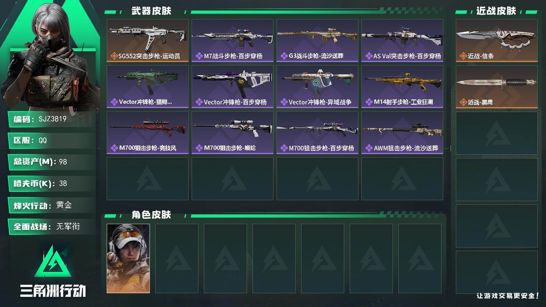 三角洲行动账号QQ【SJZ3819】总资产(M)：98M/哈夫币(K)：38K/哈夫币(K)：38K/传说枪皮数：1/