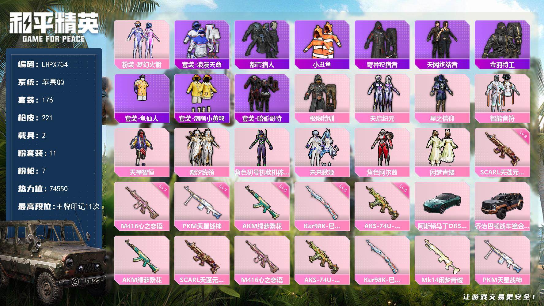 和平精英账号苹果QQ2载具-176套装-221枪皮-9级sg【特价出售/店主推荐】苹果 手Q-11粉装-7特效枪-2载具