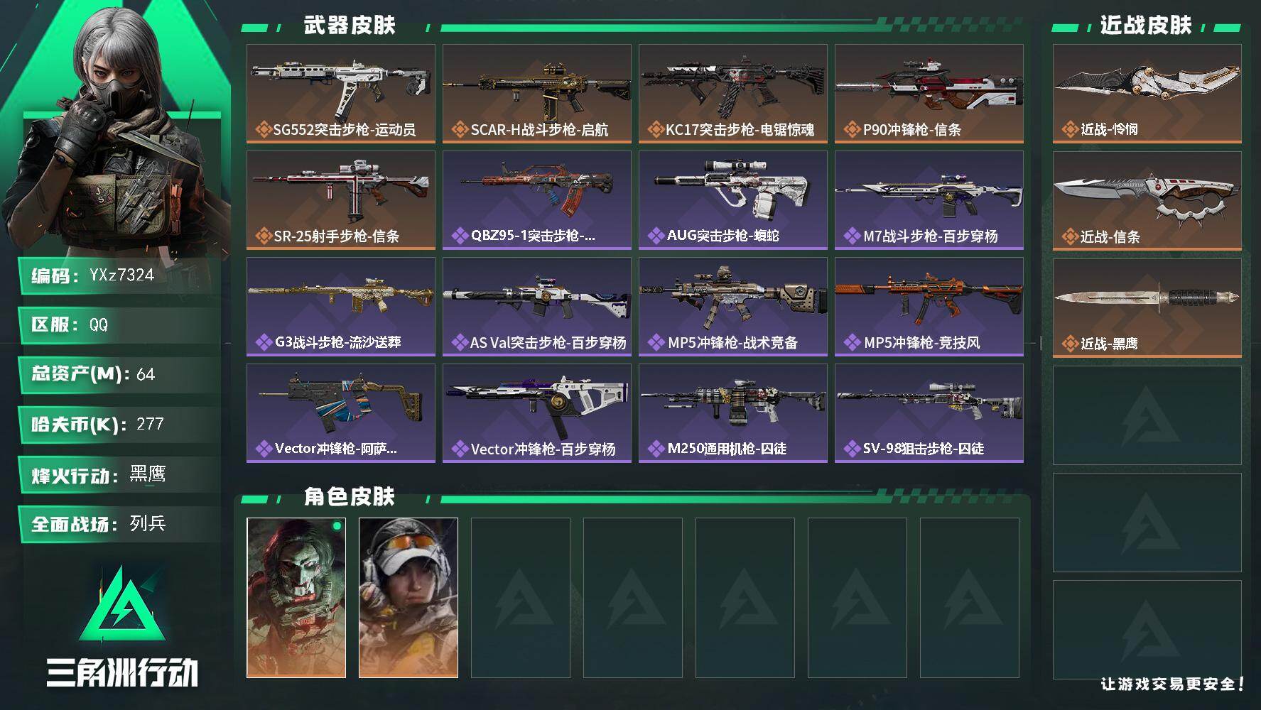 三角洲行动账号QQ【热门怜悯信条刀皮号】【Q区三端互通】【无二次协助处理】YXz7324-特勤处：仓库7级/靶场6级/