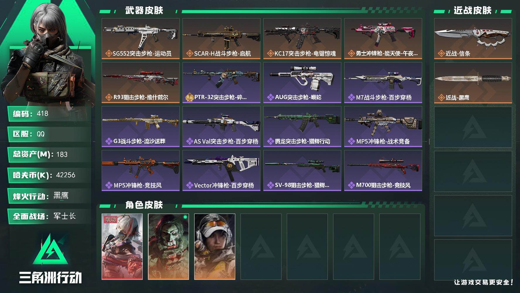 三角洲行动账号QQ183m总资产-42256k哈伏币-60烽火等级-黑鹰-18战场等级-军士长
【干员外观】：骇爪-维