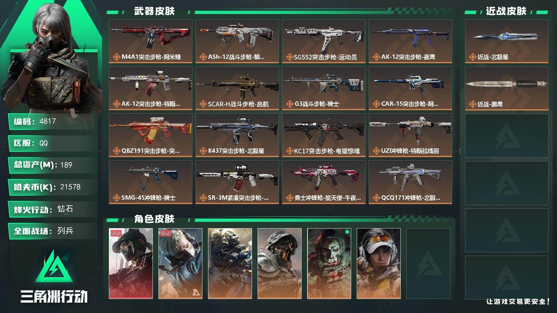 三角洲行动账号QQ总资产(M)：189M/哈夫币(K)：21578K/哈夫币(K)：21578K/传说枪皮数：23/全