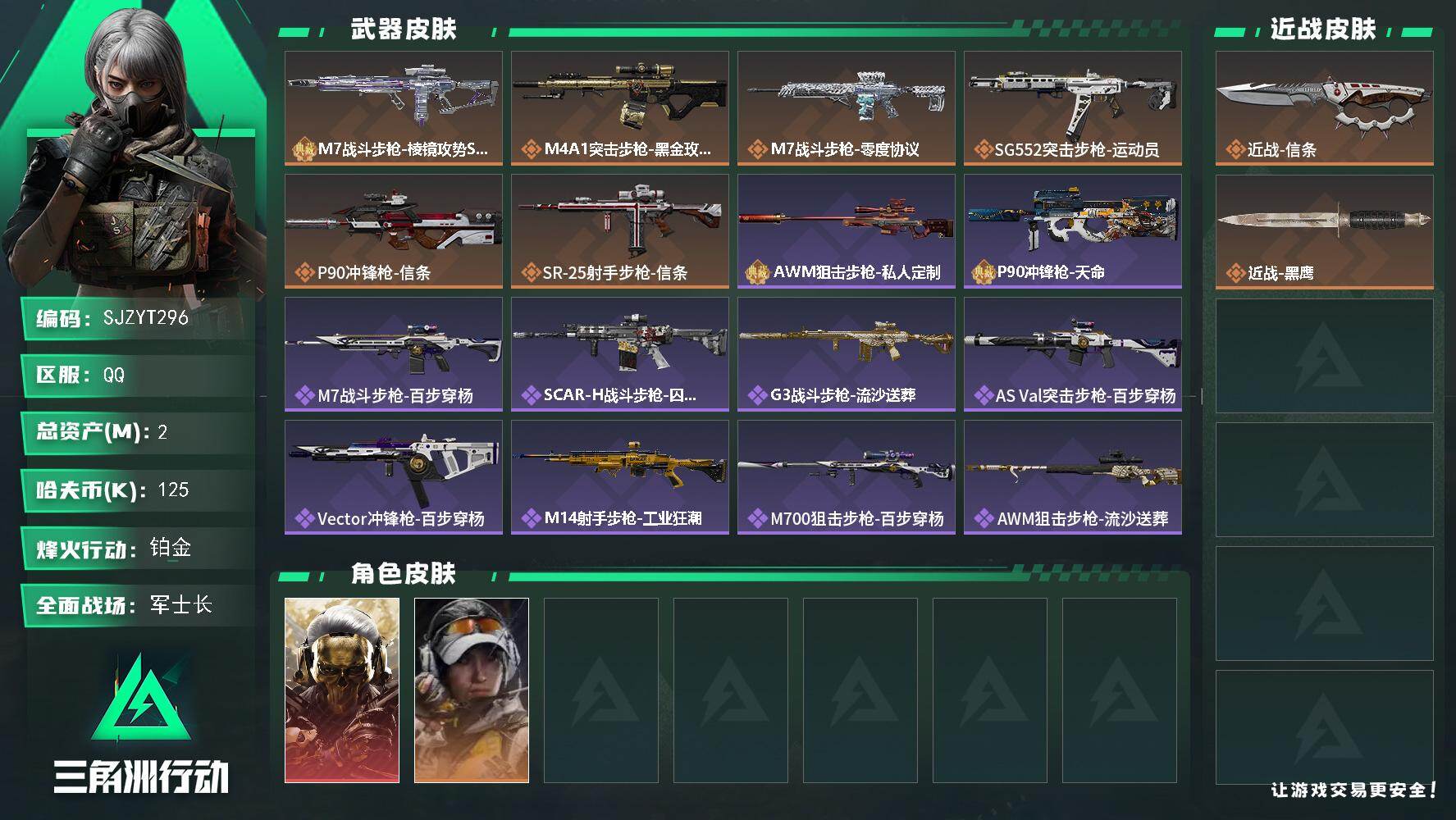 三角洲行动账号QQ【SJZYT296】总资产(M)：2M/哈夫币(K)：125K/哈夫币(K)：125K/传说枪皮数：