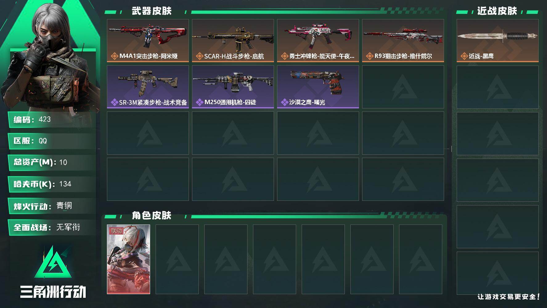 三角洲行动账号QQ10m总资产-134k哈伏币-33烽火等级-青铜-1战场等级-无军衔
【干员外观】：骇爪-维什戴尔
