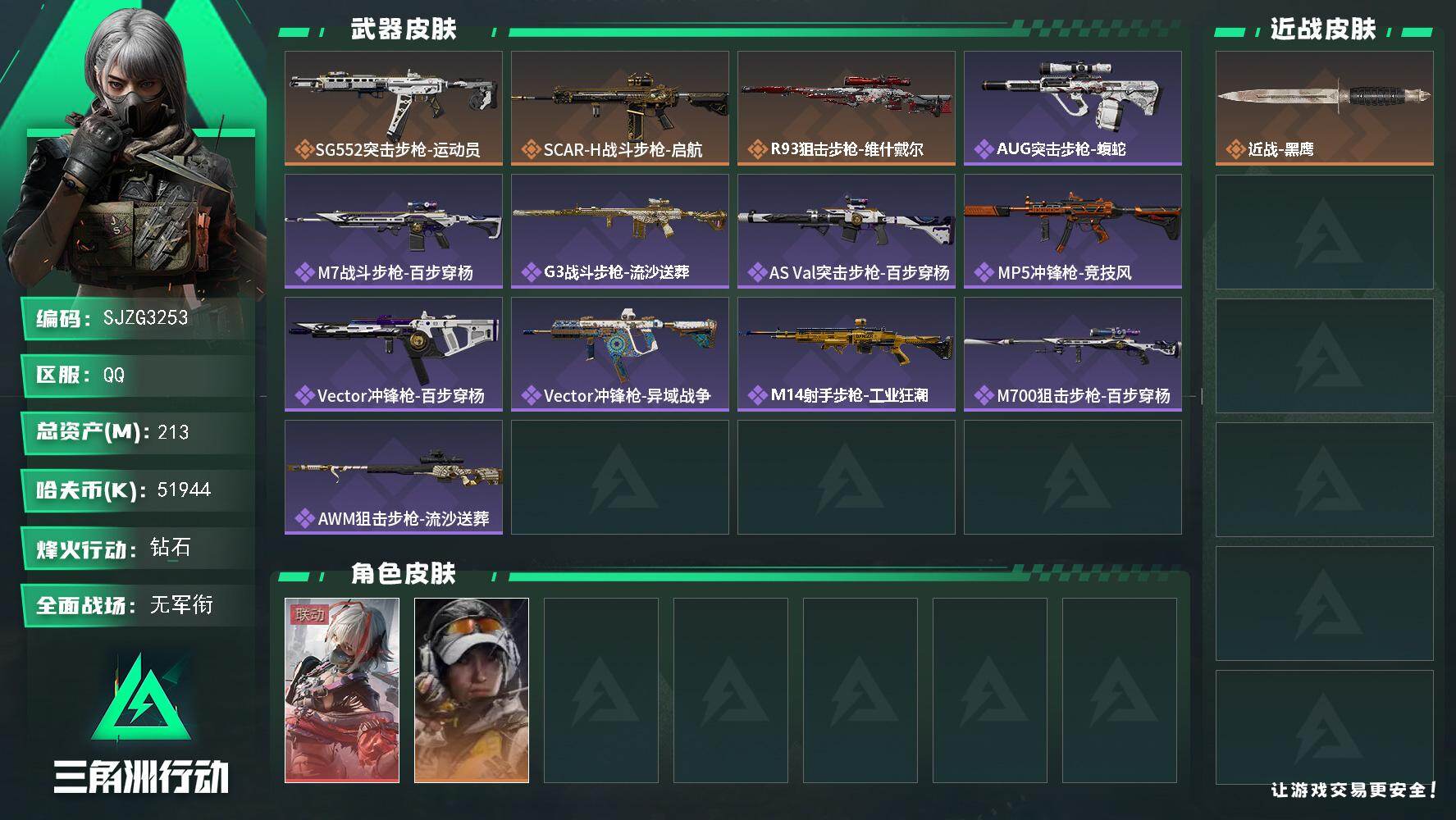 三角洲行动账号QQ【SJZG3253】总资产(M)：213M/哈夫币(K)：51944K/哈夫币(K)：51944K/传说枪皮数：3/全面战场等级：1_段位：无段位/烽火地带等级：59_段位：钻石/骇爪-维什戴尔/露