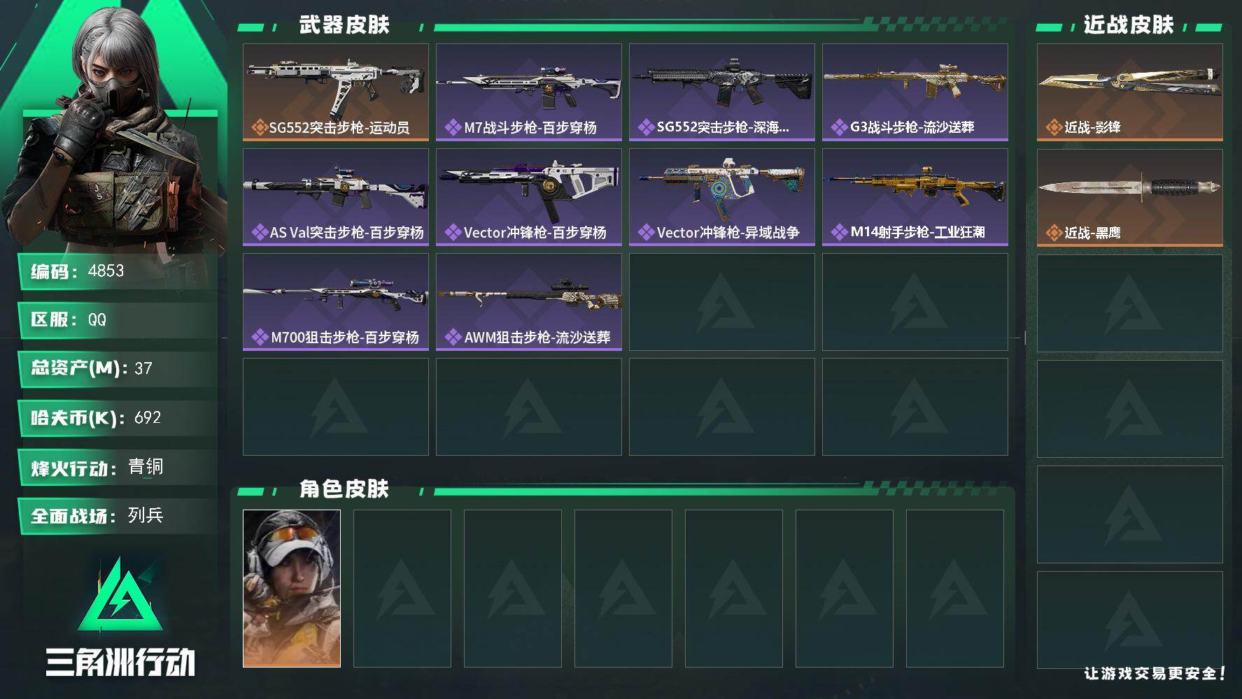 三角洲行动账号QQ总资产(M)：37M/哈夫币(K)：692K/哈夫币(K)：692K/传说枪皮数：1/全面战场等级：
