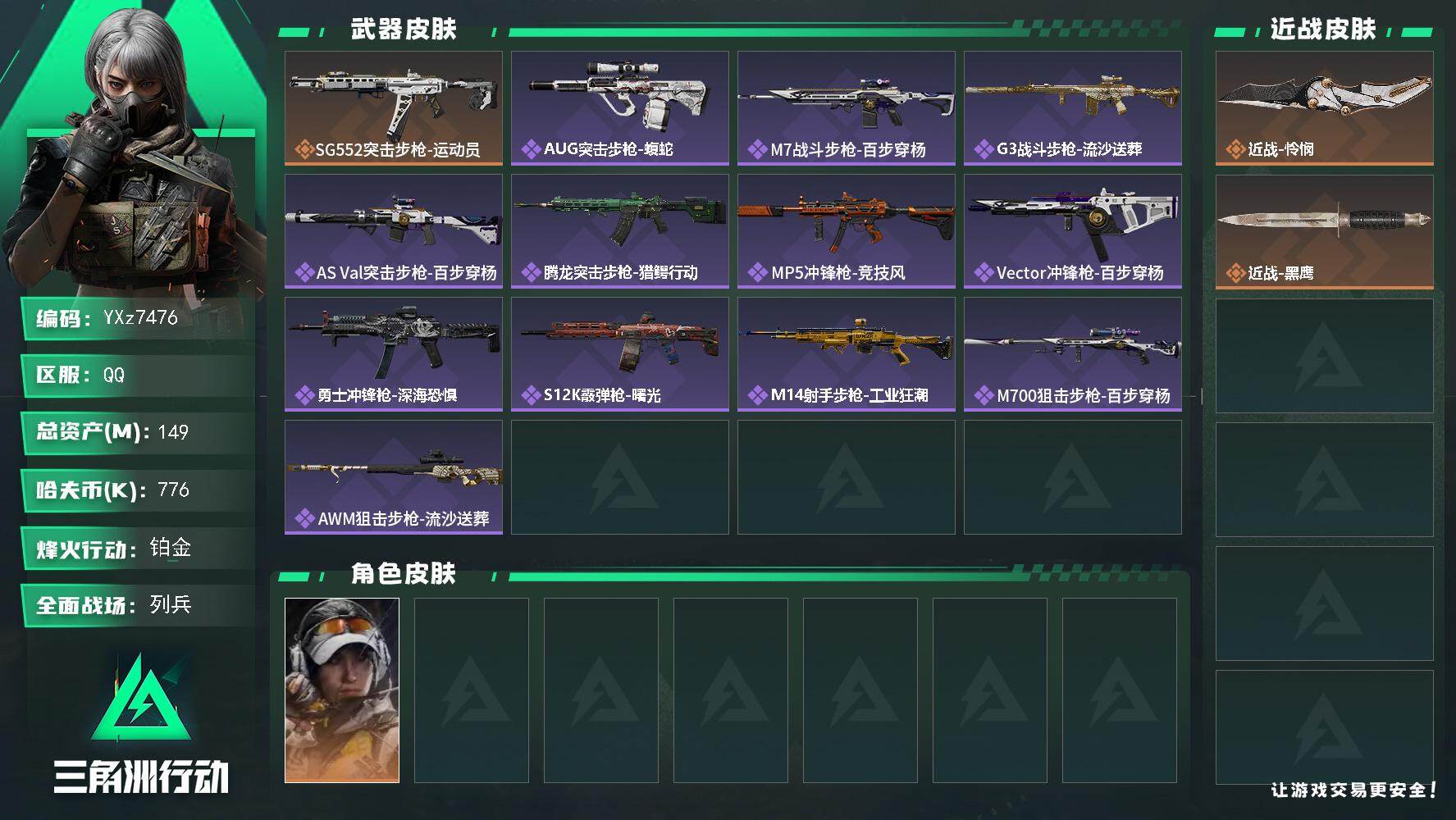 三角洲行动账号QQ【怜悯热门号-高额资产149m】【Q区三端互通】【无二次协助处理】YXz7476-特勤处：仓库7级/