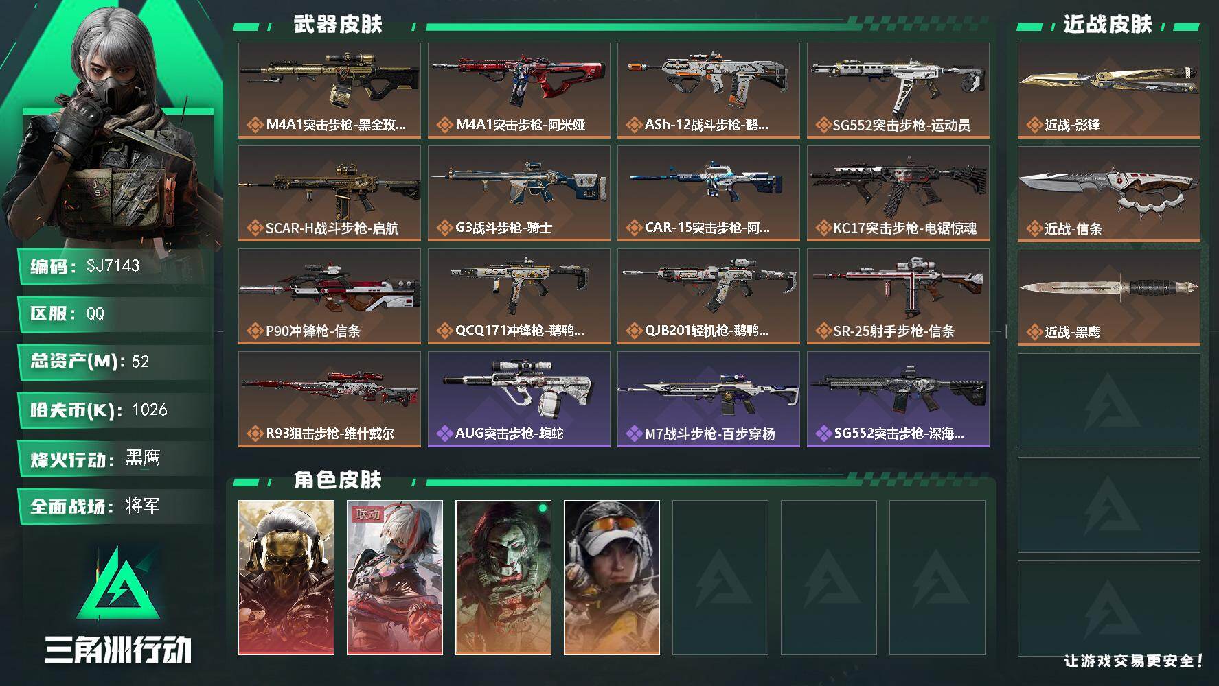 三角洲行动账号QQ【SJ7143】总资产(M)：52M/哈夫币(K)：1026K/哈夫币(K)：1026K/传说枪皮数