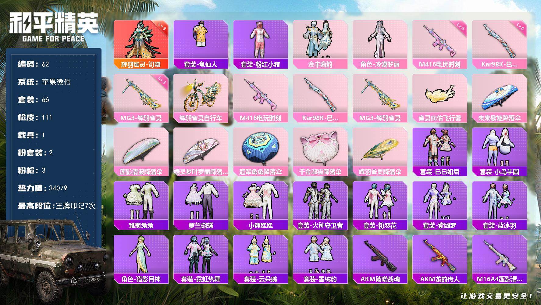 和平精英账号苹果微信社交限制不影响游戏 苹果 微信-1神装-2粉装-3特效枪-1载具-1粉色飞行器-34079热力值-7王牌印记-66套装-111枪皮
【红色神装等级】：辉羽雀灵-初翊(三级)
【红色角色神装】：辉羽雀