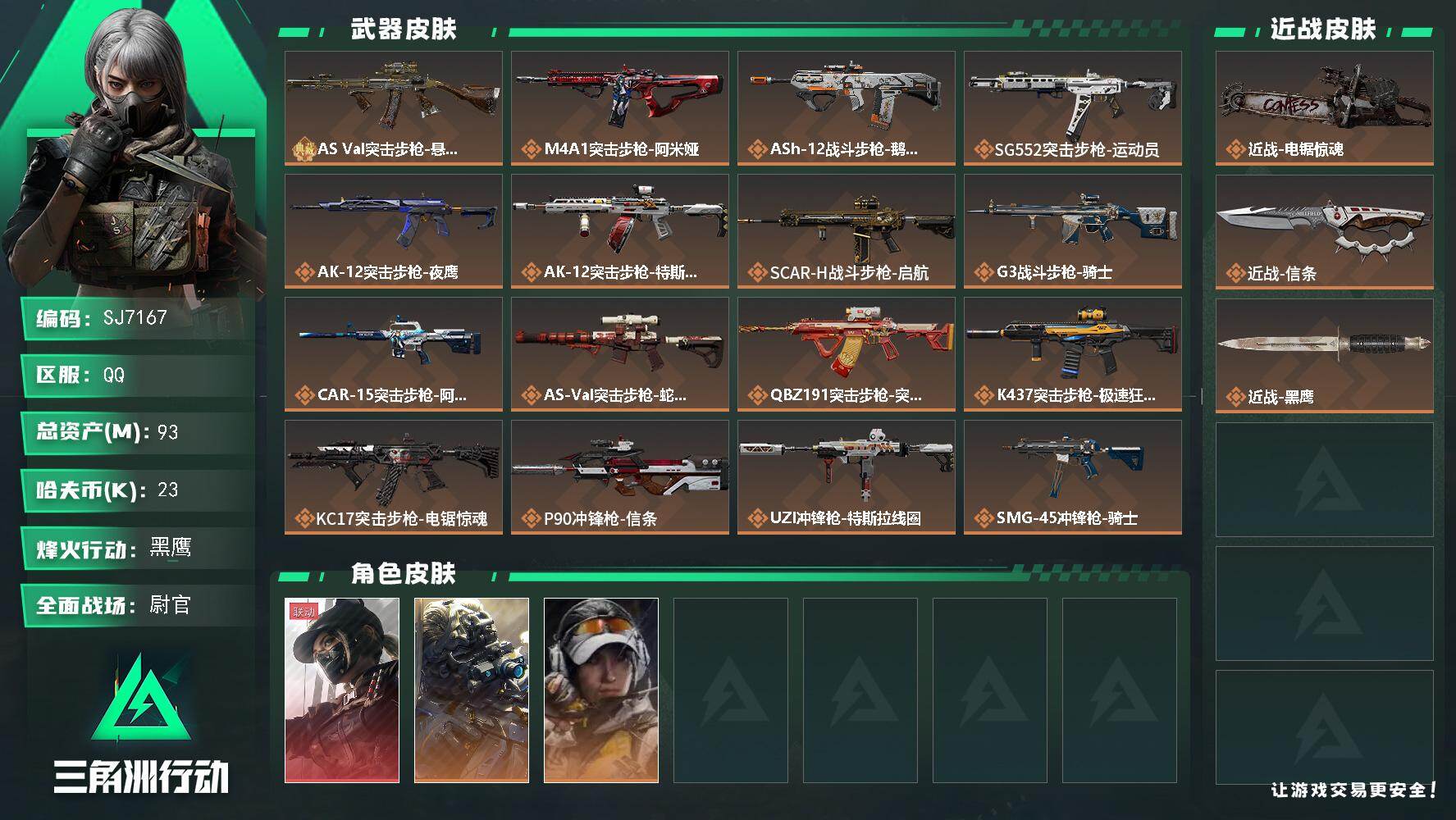三角洲行动账号QQ【SJ7167】总资产(M)：93M/哈夫币(K)：23K/哈夫币(K)：23K/传说枪皮数：28/