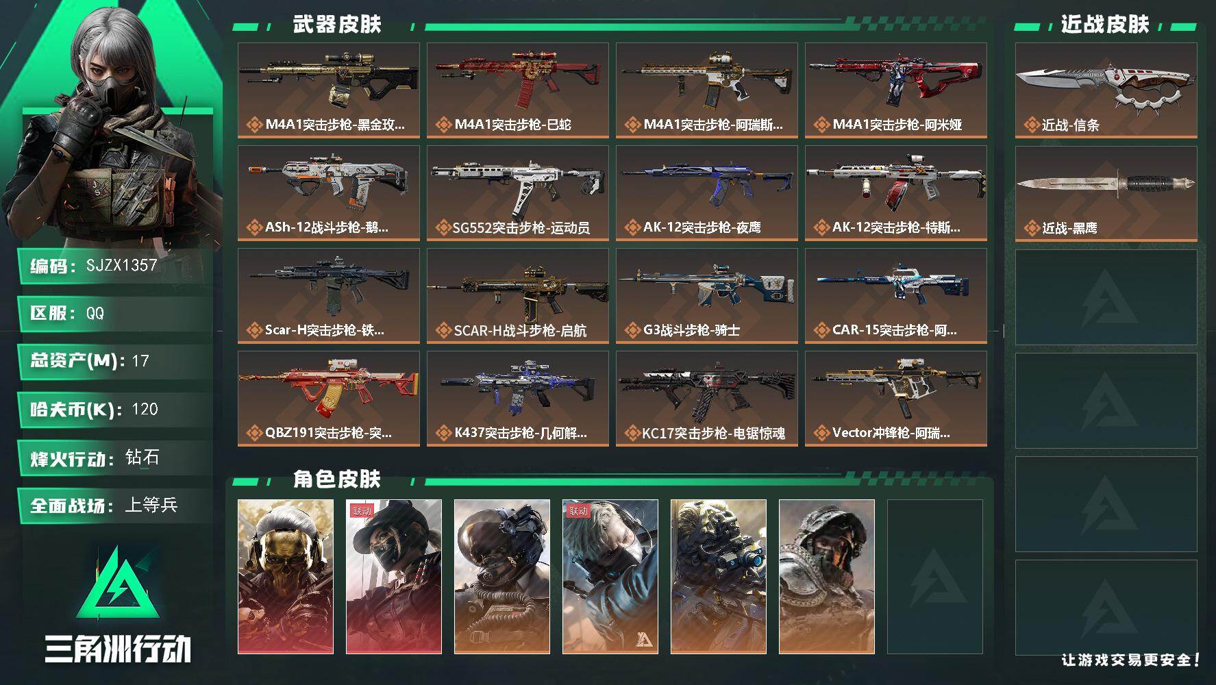 三角洲行动账号QQ【SJZX1357】总资产(M)：17M/哈夫币(K)：120K/哈夫币(K)：120K/传说枪皮数：30/全面战场等级：45_段位：上等兵/烽火地带等级：60_段位：钻石/红狼-蚀金玫瑰/露娜-黑