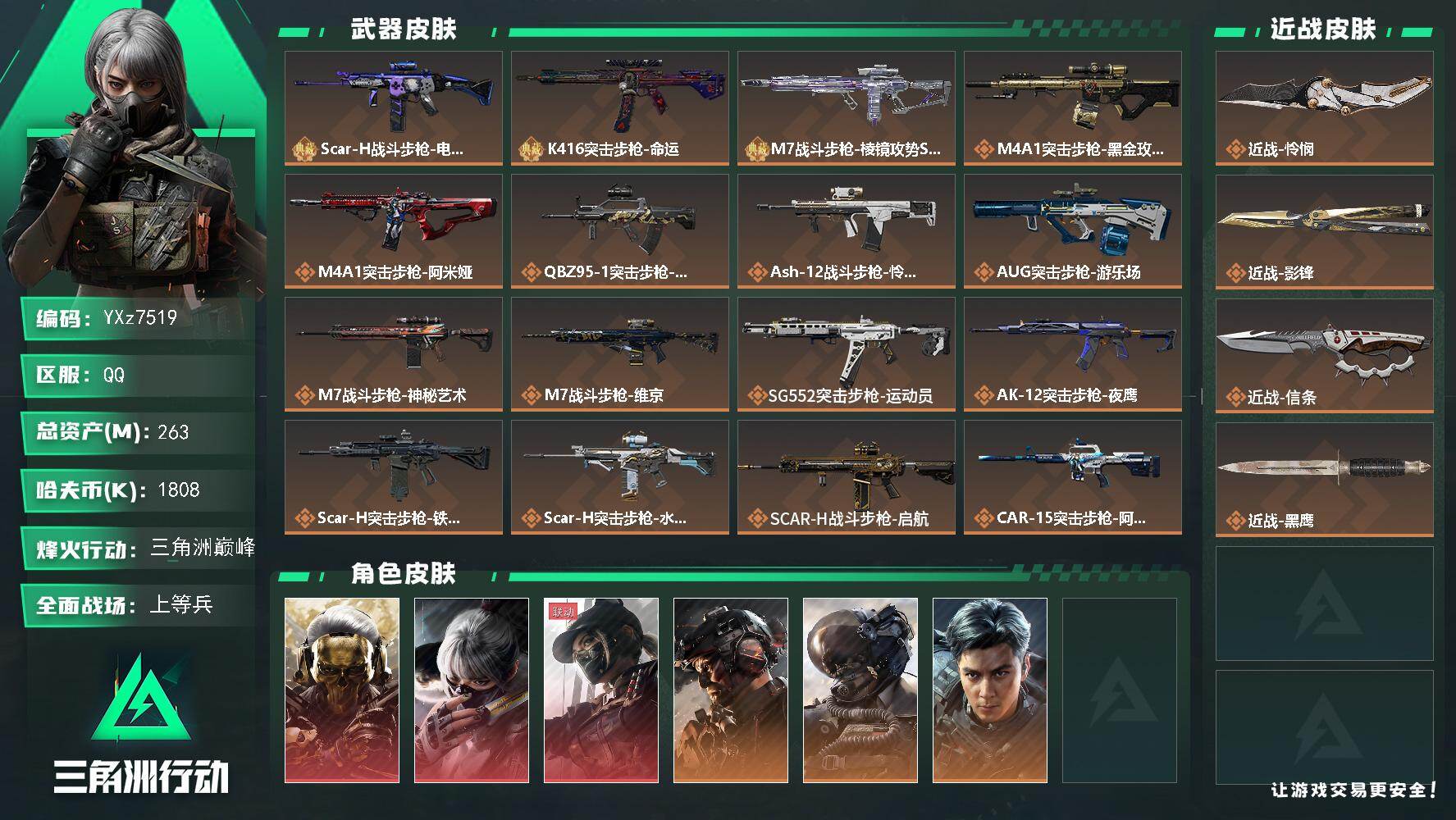 三角洲行动账号QQ【高氪金土豪号-三红皮+三刀皮+一3把典藏皮肤+铁面判官+飞虎-高额资产263M-满特勤-5000三