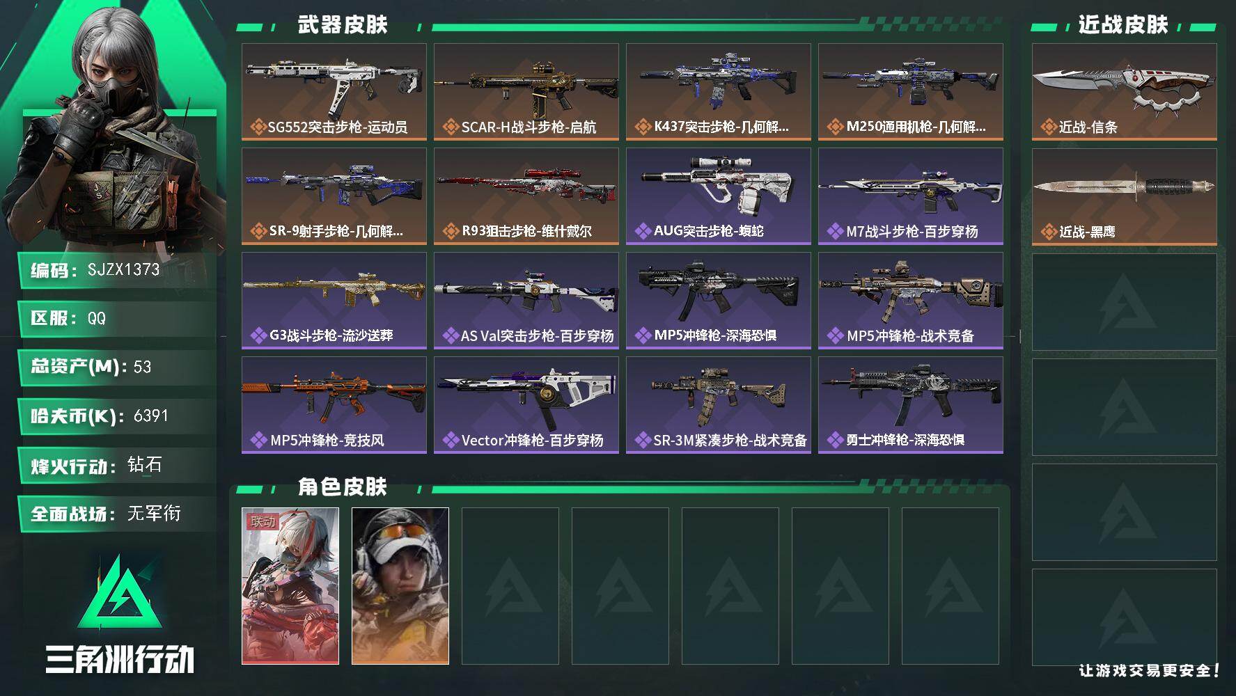 三角洲行动账号QQ【SJZX1373】总资产(M)：53M/哈夫币(K)：6391K/哈夫币(K)：6391K/传说枪皮数：6/全面战场等级：5_段位：无段位/烽火地带等级：60_段位：钻石/骇爪-维什戴尔/露娜-金