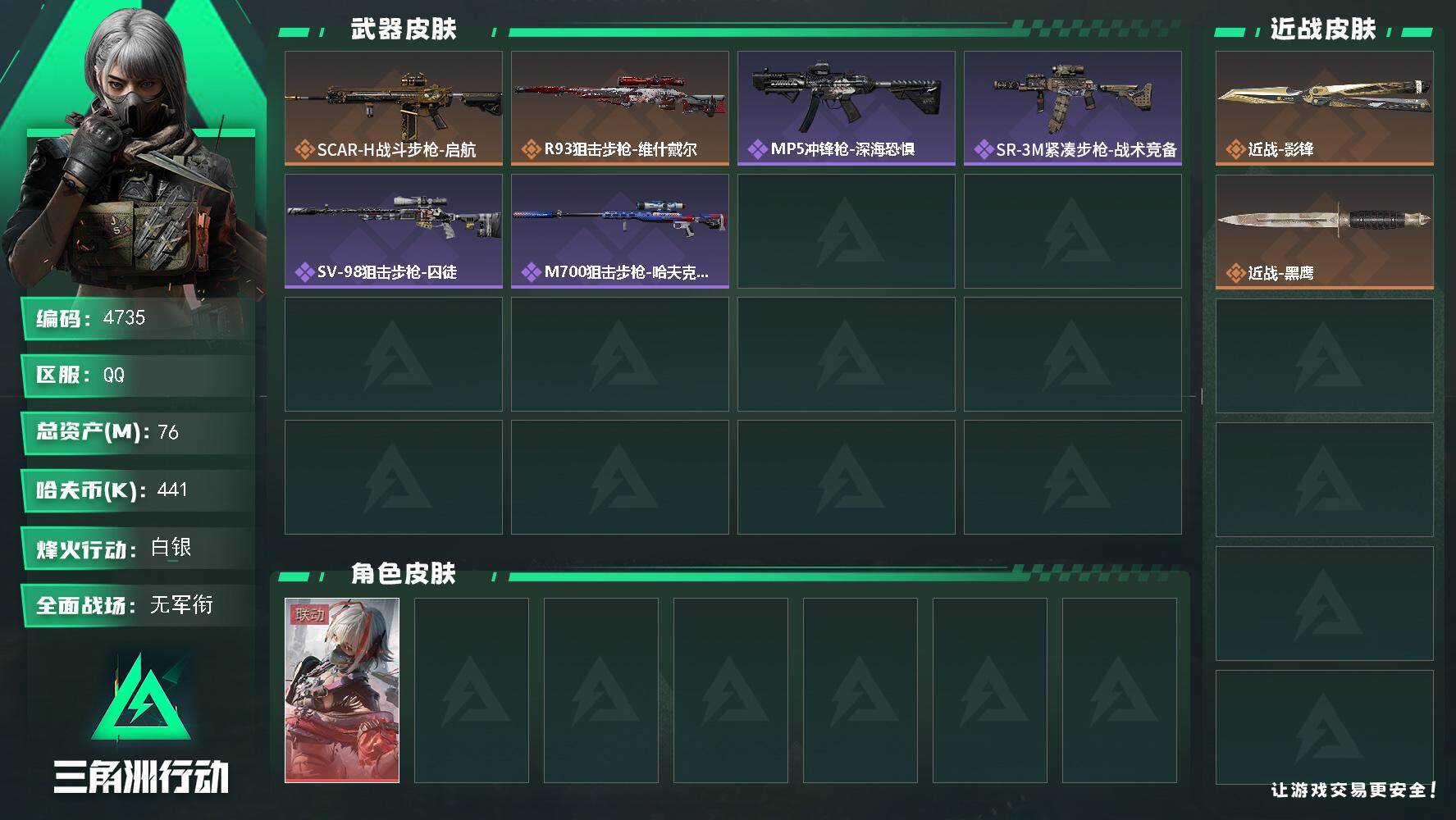 三角洲行动账号QQ总资产(M)：76M/哈夫币(K)：441K/哈夫币(K)：441K/传说枪皮数：2/全面战场等级：