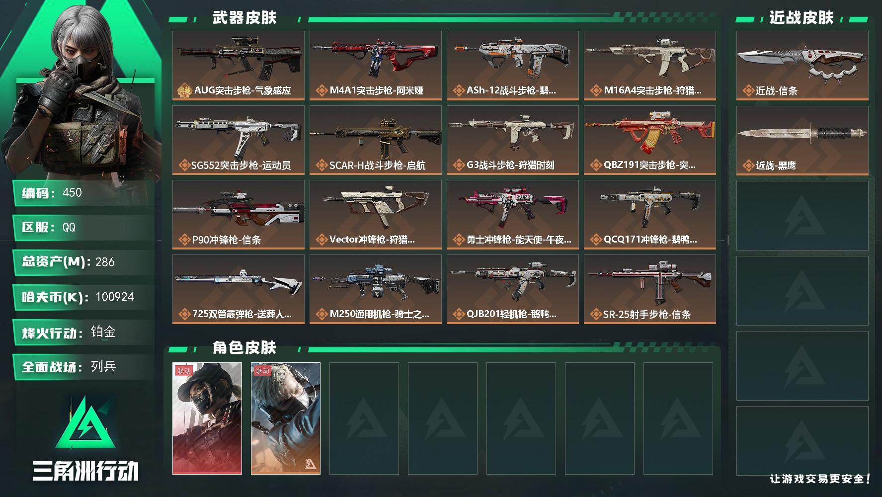 三角洲行动账号QQ【S赛季6格】286m总资产-k哈伏币-60烽火等级-铂金-9战场等级-列兵【典藏外观】：AUG突击