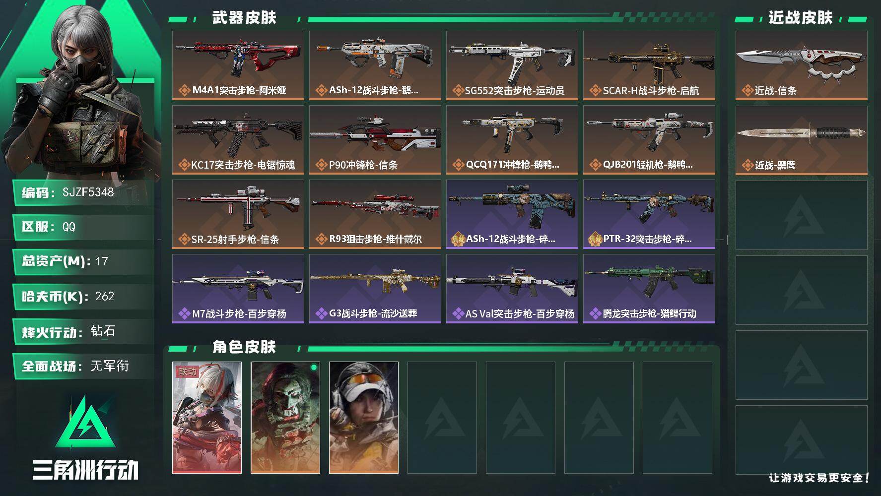 三角洲行动账号QQ【SJZF5348】总资产(M)：17M/哈夫币(K)：262K/哈夫币(K)：262K/传说枪皮数