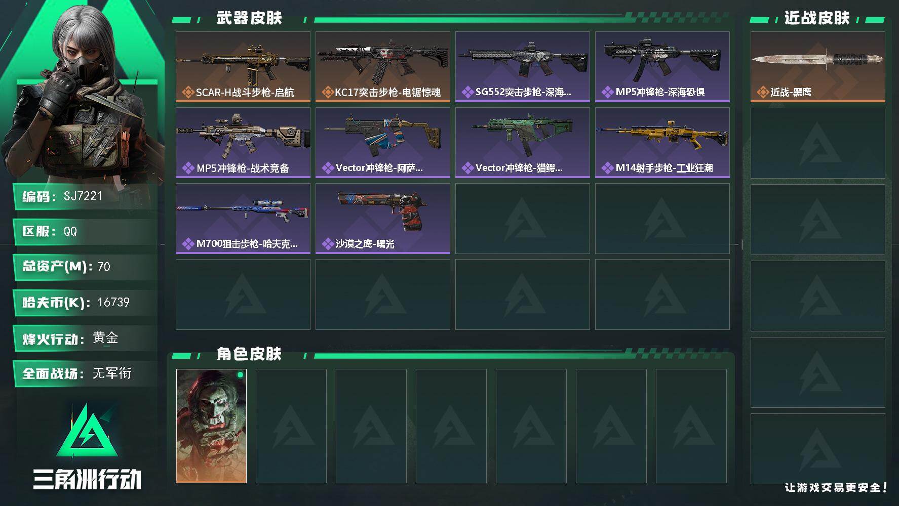 三角洲行动账号QQ【SJ7221】总资产(M)：70M/哈夫币(K)：16739K/哈夫币(K)：16739K/传说枪