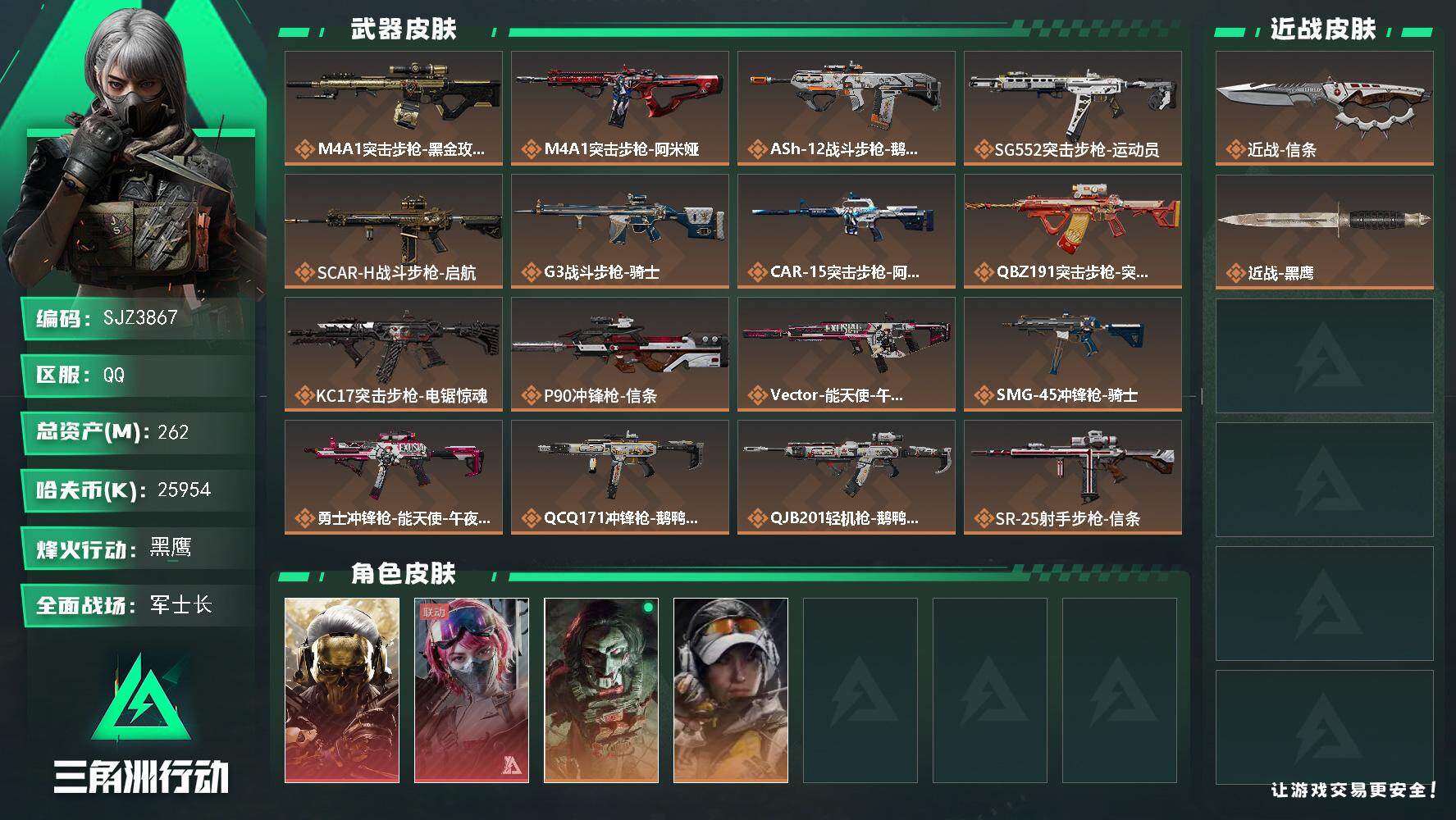 三角洲行动账号QQ【SJZ3867】总资产(M)：262M/哈夫币(K)：25954K/哈夫币(K)：25954K/传说枪皮数：18/全面战场等级：43_段位：军士长/烽火地带等级：60_段位：黑鹰/红狼-蚀金玫瑰/