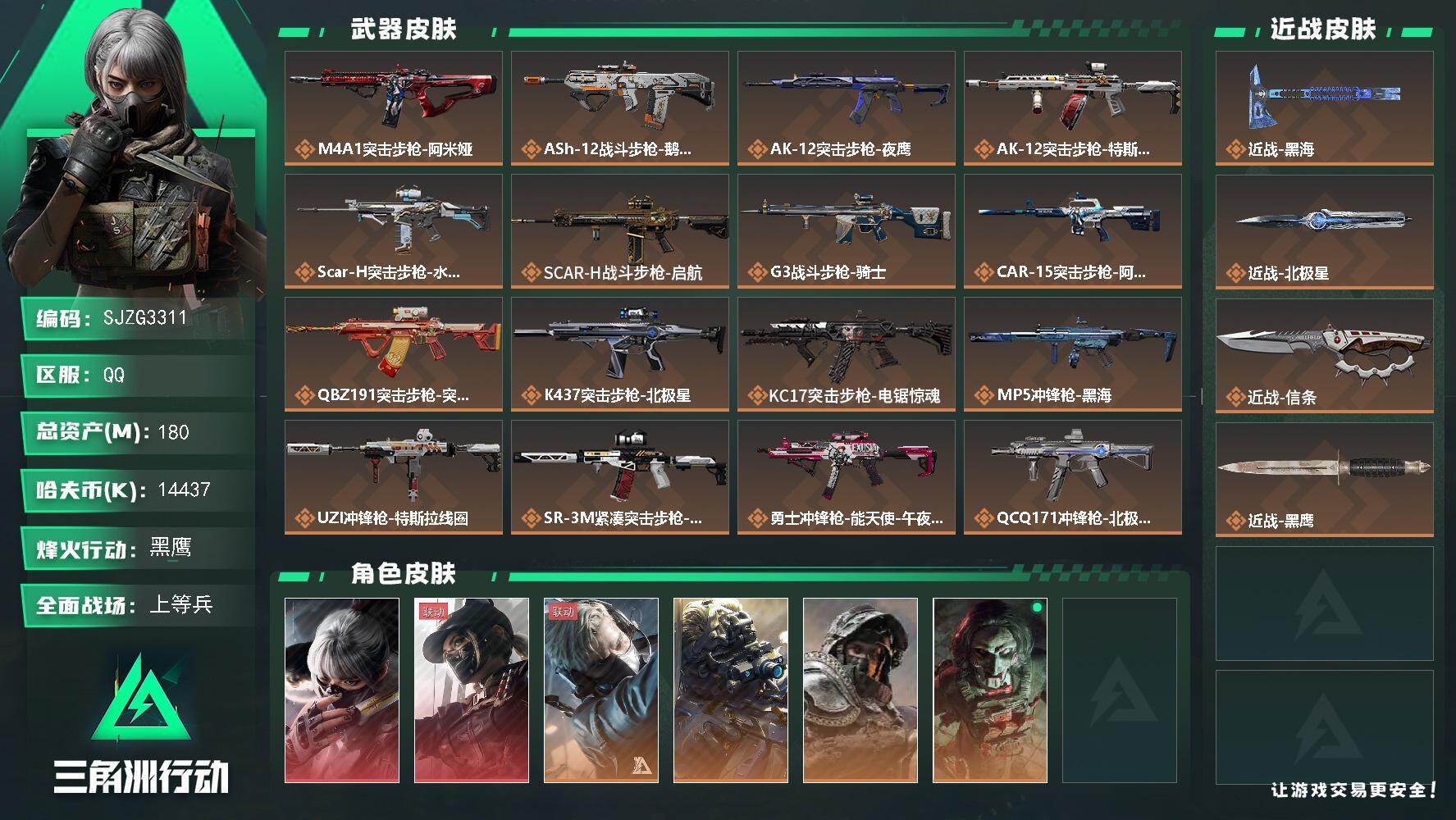 三角洲行动账号QQ【SJZG3311】总资产(M)：180M/哈夫币(K)：14437K/哈夫币(K)：14437K/