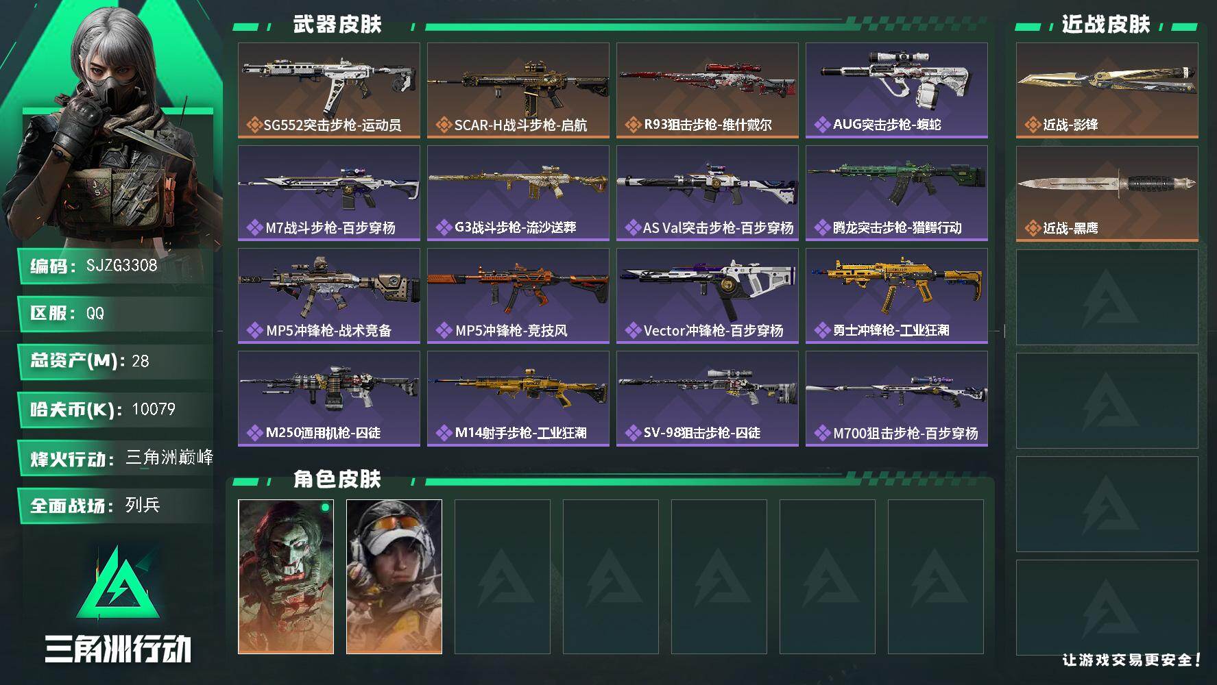 三角洲行动账号QQ【SJZG3308】总资产(M)：28M/哈夫币(K)：10079K/哈夫币(K)：10079K/传