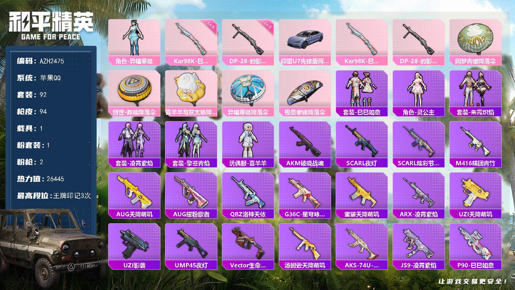 和平精英账号苹果QQ1载具-92套装-94枪皮-【AZH2475】苹果 手Q【异瞳寒姬 喜羊羊灵公主 1载具】1粉装-2