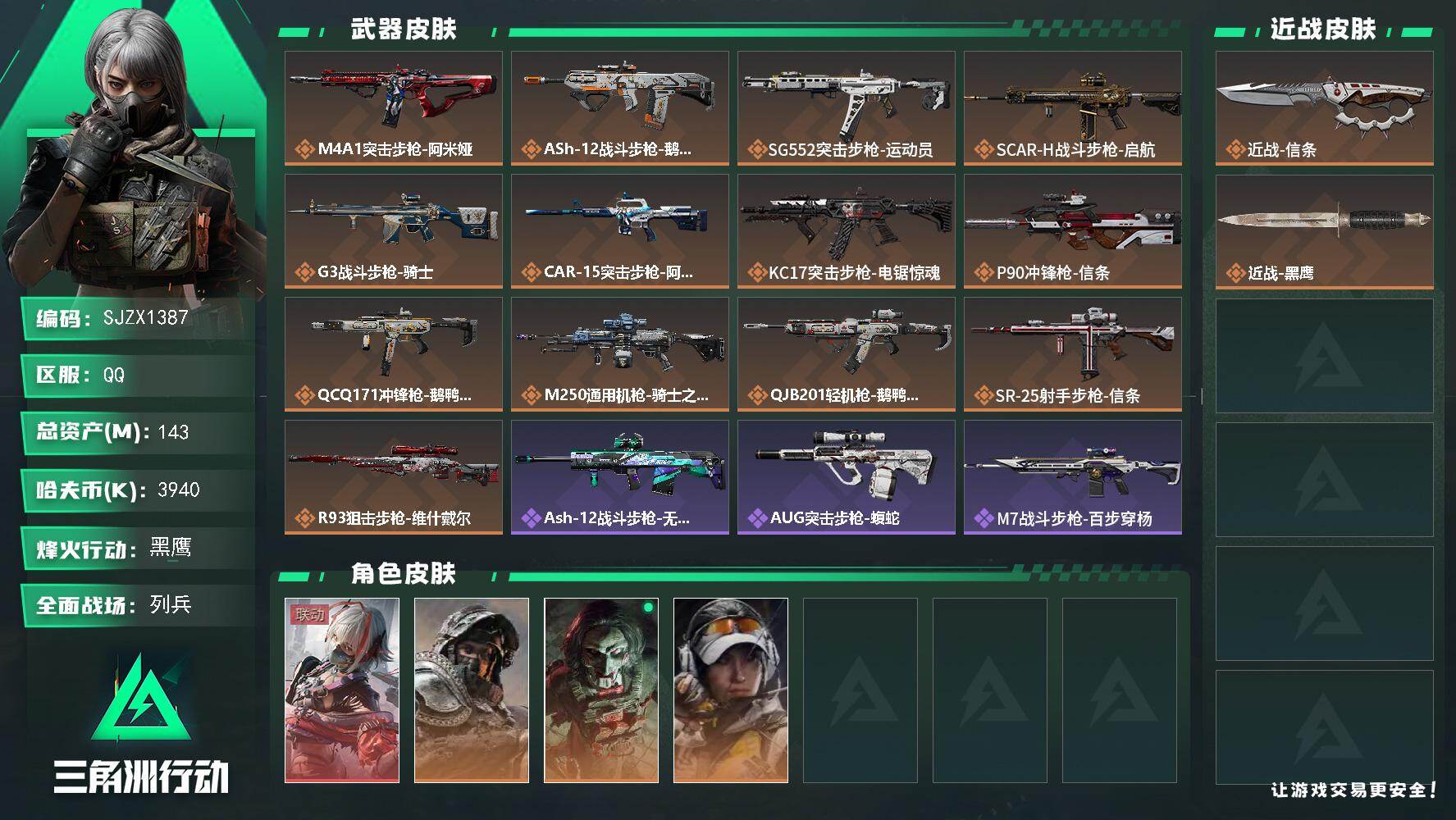 三角洲行动账号QQ【SJZX1387】总资产(M)：143M/哈夫币(K)：3940K/哈夫币(K)：3940K/传说枪皮数：13/全面战场等级：9_段位：列兵/烽火地带等级：60_段位：黑鹰/骇爪-维什戴尔/深蓝-