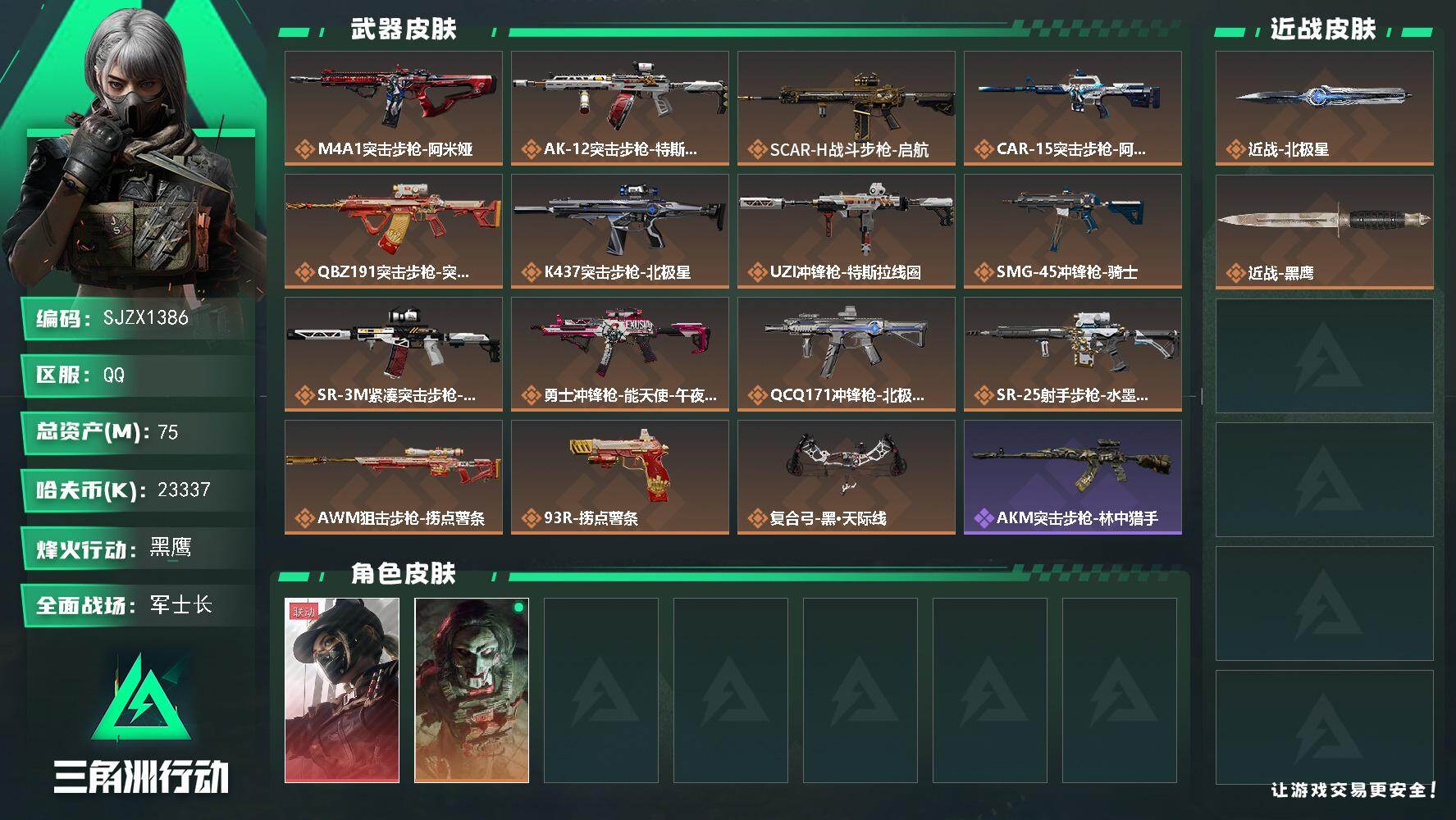 三角洲行动账号QQ【SJZX1386】总资产(M)：75M/哈夫币(K)：23337K/哈夫币(K)：23337K/传说枪皮数：15/全面战场等级：48_段位：军士长/烽火地带等级：60_段位：黑鹰/露娜-黑·天际线
