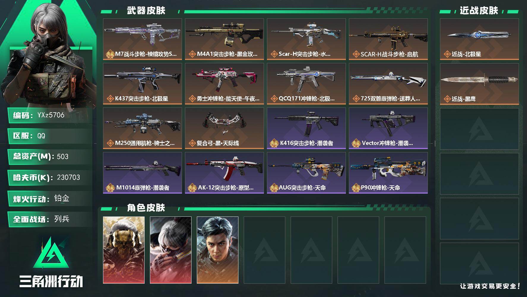 三角洲行动账号QQ【Q区三端互通】【可二次】-特勤处：仓库8级/靶场6级/训练中心6级-总资产503.1m-哈夫币23