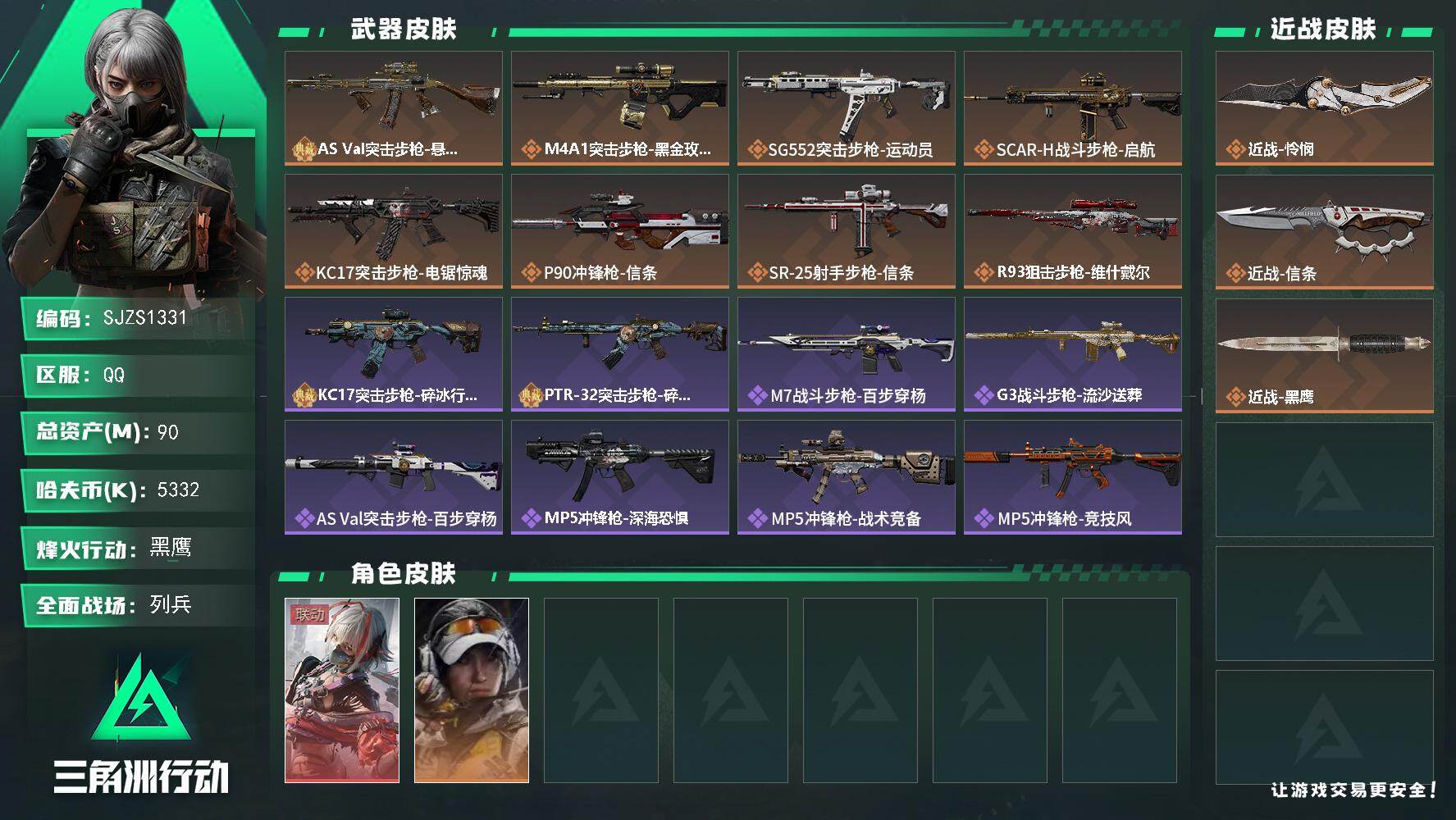 三角洲行动账号QQ【SJZS1331】总资产(M)：90M/哈夫币(K)：5332K/哈夫币(K)：5332K/传说枪