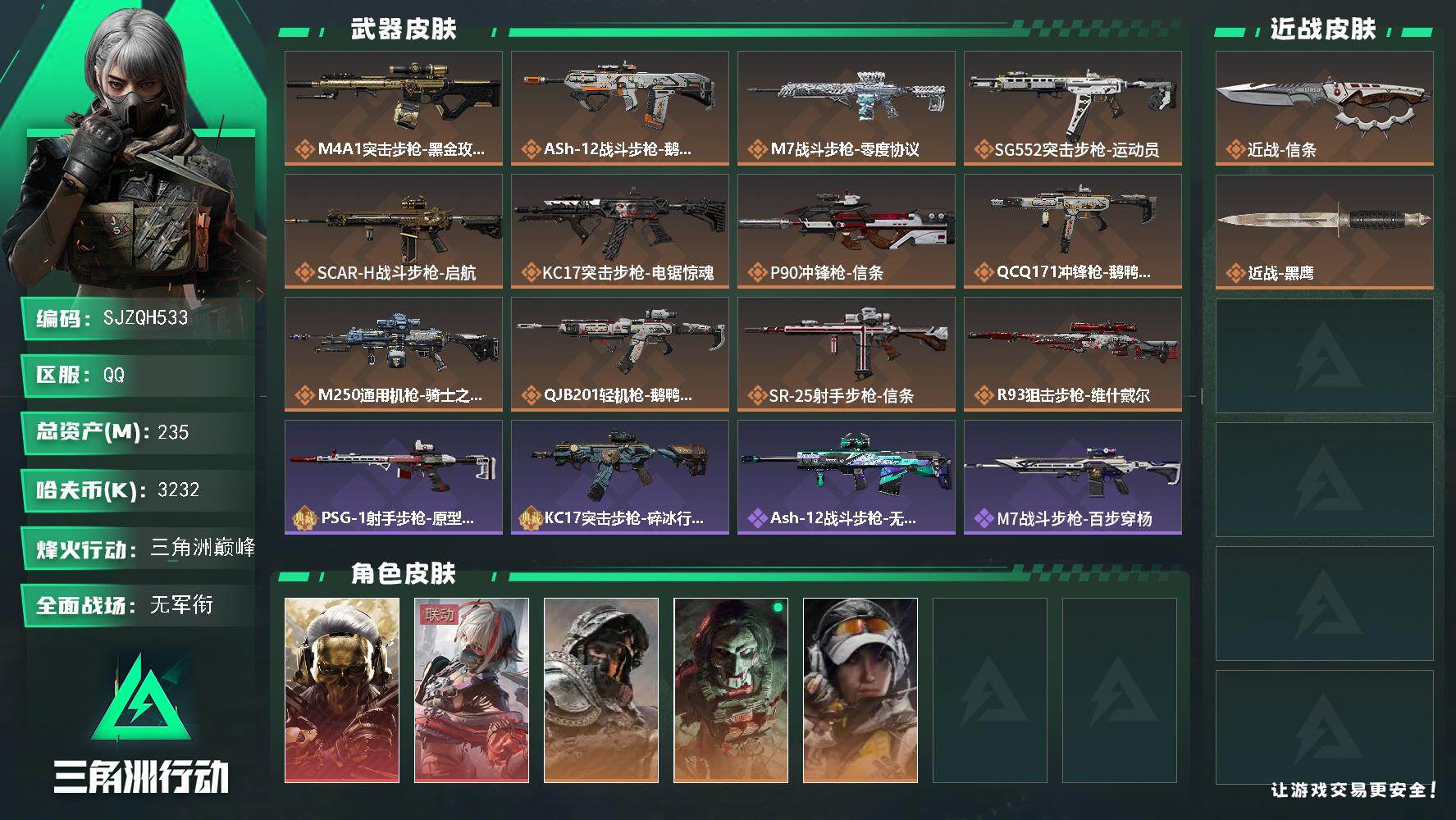 三角洲行动账号QQ【SJZQH533】总资产(M)：235M/哈夫币(K)：3232K/哈夫币(K)：3232K/传说