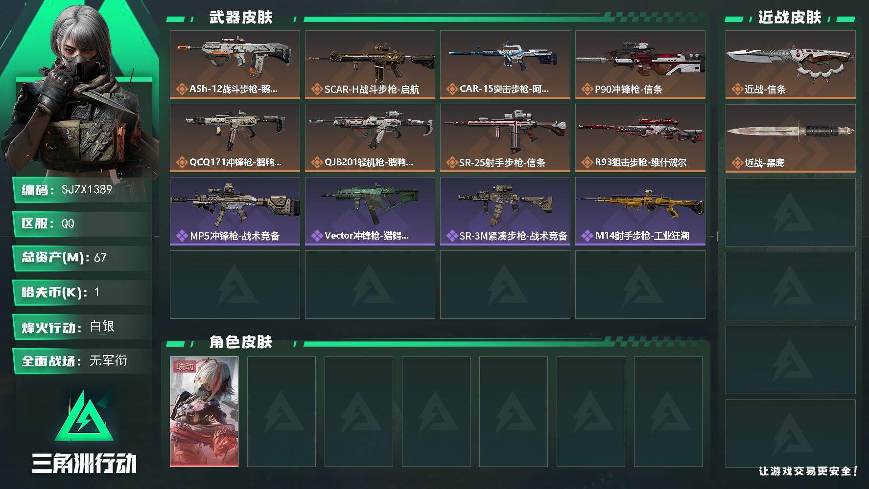 三角洲行动账号QQ【SJZX1389】总资产(M)：67M/哈夫币(K)：1K/哈夫币(K)：1K/传说枪皮数：8/全面战场等级：1_段位：无段位/烽火地带等级：60_段位：白银/骇爪-维什戴尔/近战-信条/近战-黑