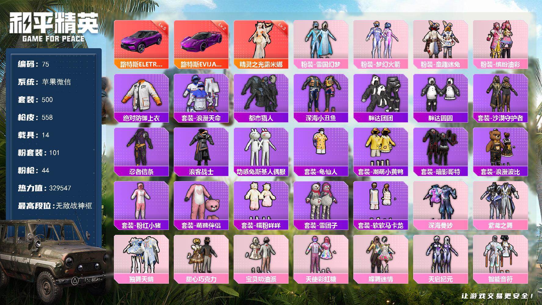 和平精英账号苹果微信钱包改不了不影响使用 苹果 微信-无敌战神框-1神装-101粉装-44特效枪-14载具-25粉色飞行器-329547热力值-26王牌印记-500套装-558枪皮
【红色载具】：路特斯ELETRE（电