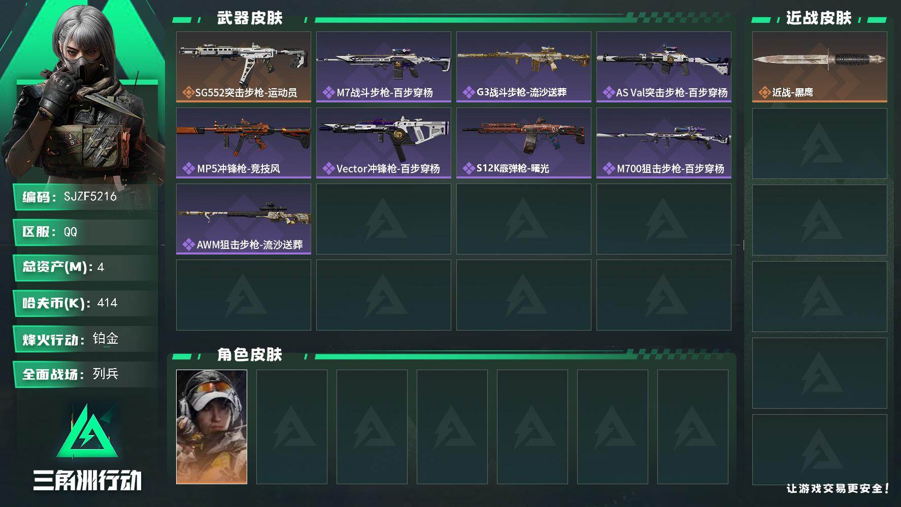 三角洲行动账号QQ【SJZF5216】总资产(M)：4M/哈夫币(K)：414K/哈夫币(K)：414K/传说枪皮数：1/全面战场等级：7_段位：列兵/烽火地带等级：60_段位：铂金/露娜-金牌射手/近战-黑鹰/SG