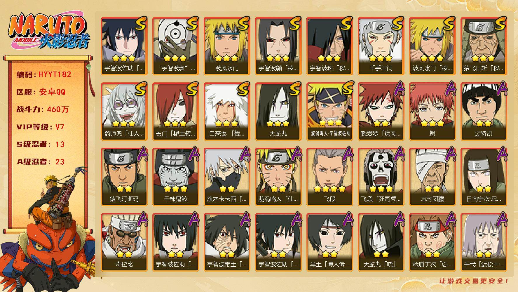 火影忍者账号安卓QQ【HYYT182】V7/战力460W/S忍13/A忍23/通灵兽15/3星宇智波斑「秽土转生」/2星日向宁次「忍界大战」/2星我爱罗「疾风传」/3星宇智波佐助「永恒万花筒」/3星宇智波鼬「秽土转生」