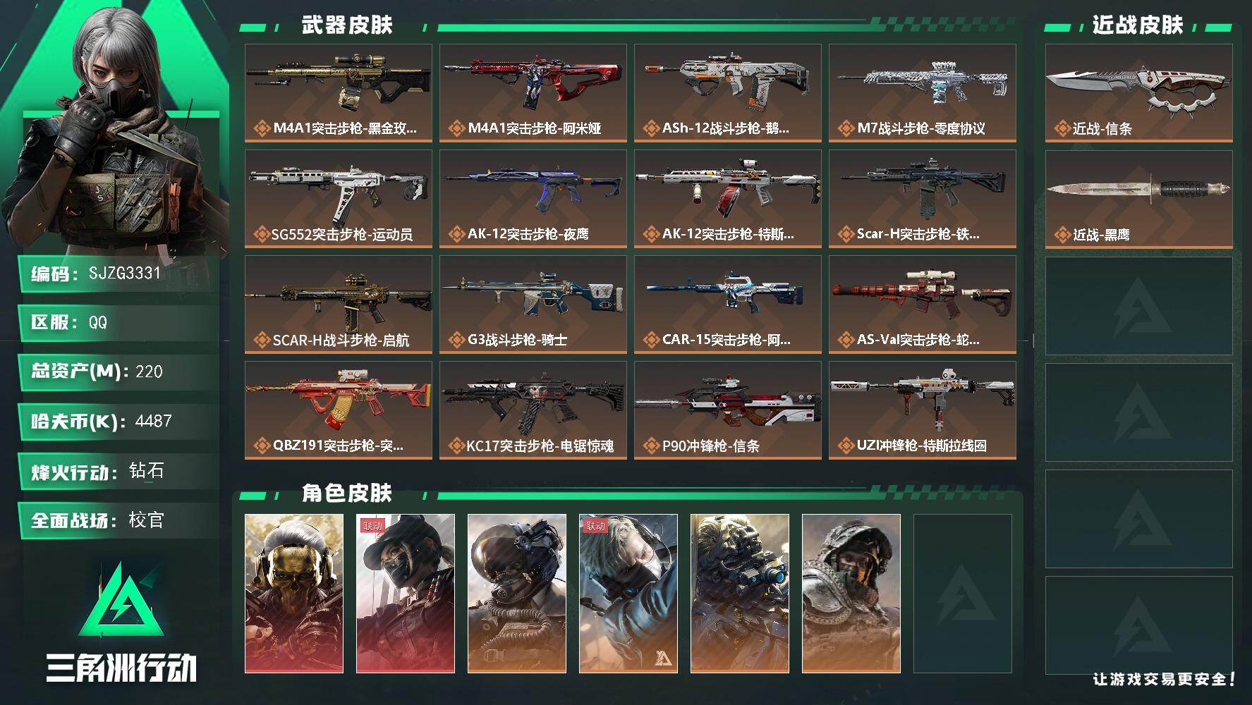 三角洲行动账号QQ【SJZG3331】总资产(M)：220M/哈夫币(K)：4487K/哈夫币(K)：4487K/传说