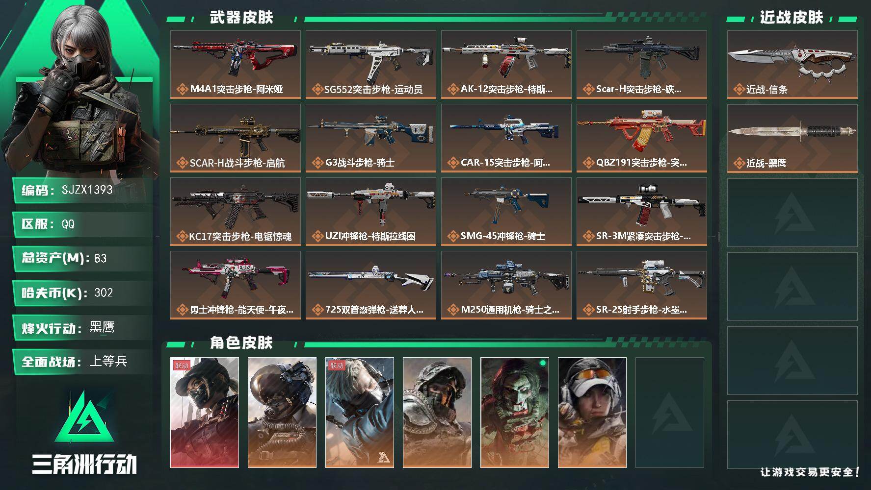 三角洲行动账号QQ【SJZX1393】总资产(M)：83M/哈夫币(K)：302K/哈夫币(K)：302K/传说枪皮数：19/全面战场等级：50_段位：上等兵/烽火地带等级：60_段位：黑鹰/露娜-黑·天际线/威龙-