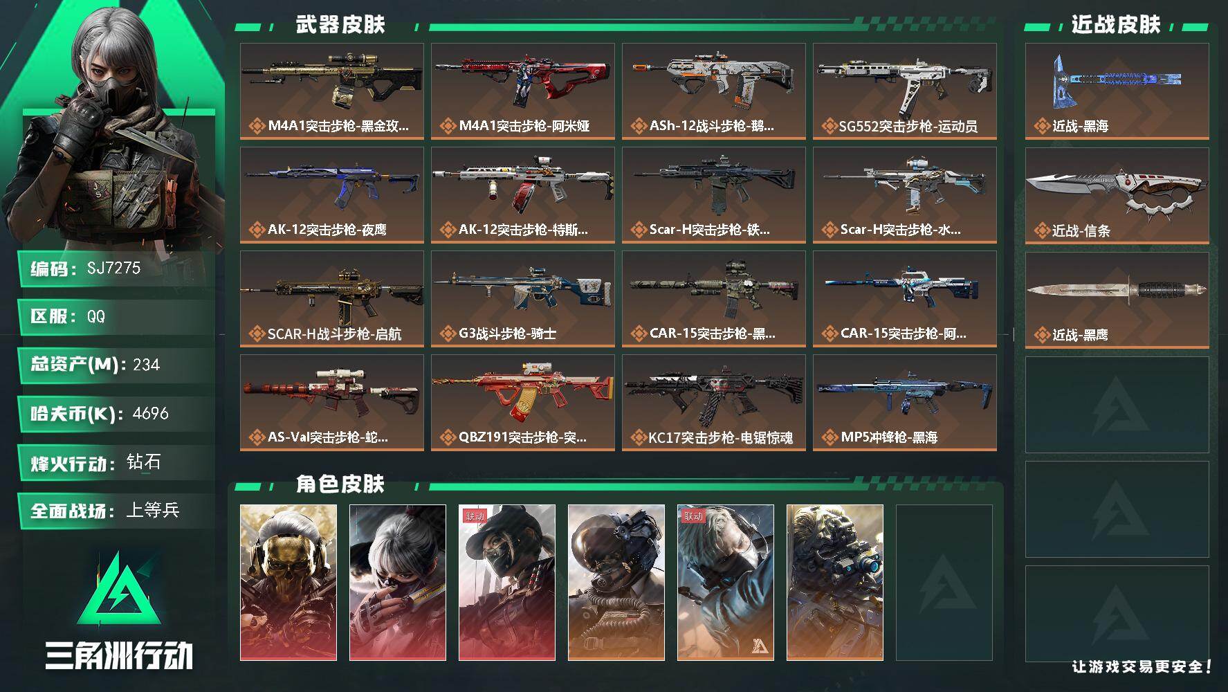 三角洲行动账号QQ【SJ7275】总资产(M)：234M/哈夫币(K)：4696K/哈夫币(K)：4696K/传说枪皮