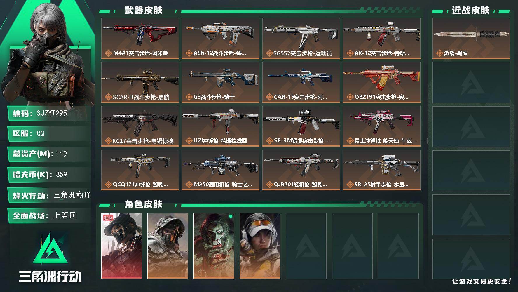 三角洲行动账号QQ【SJZYT295】总资产(M)：119M/哈夫币(K)：859K/哈夫币(K)：859K/传说枪皮数：19/全面战场等级：23_段位：上等兵/烽火地带等级：60_段位：三角洲巅峰/露娜-黑·天际线
