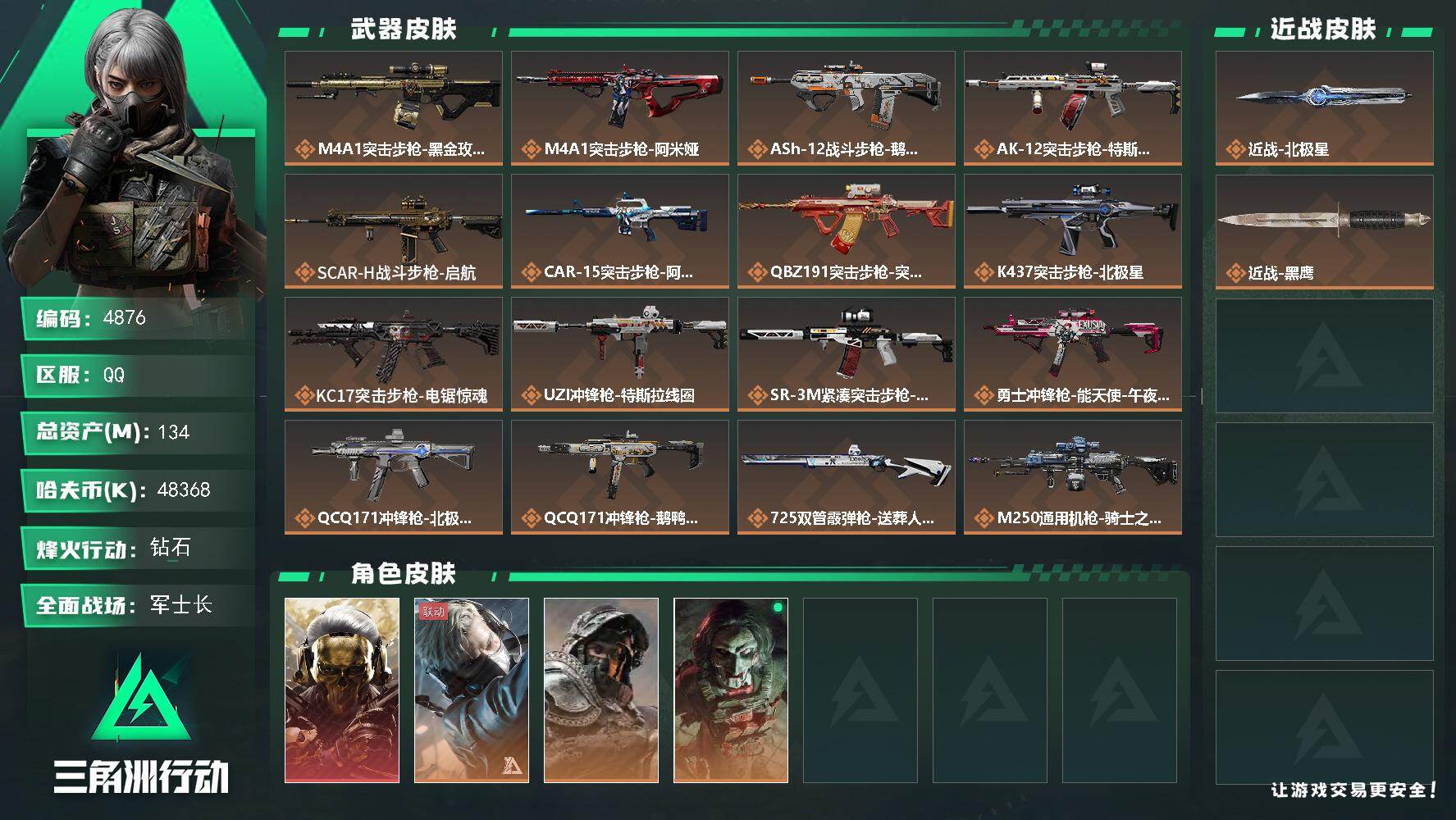 三角洲行动账号QQ总资产(M)：134M/哈夫币(K)：48368K/哈夫币(K)：48368K/传说枪皮数：21/全