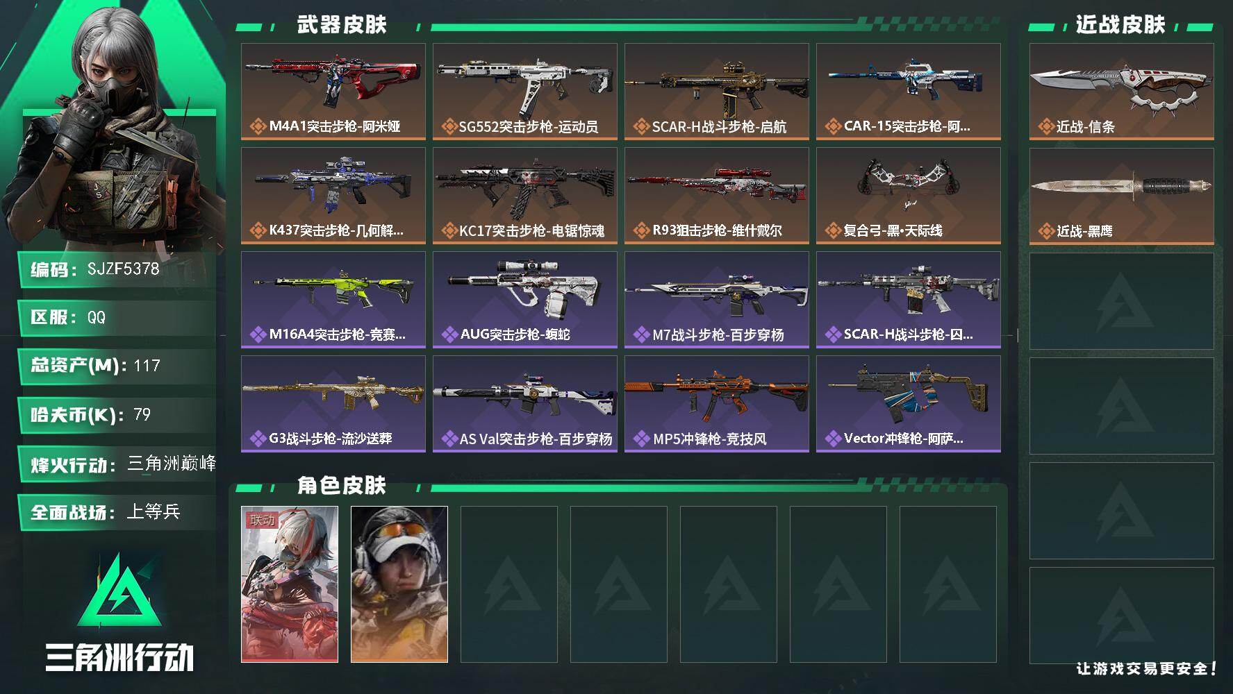 三角洲行动账号QQ【SJZF5378】总资产(M)：117M/哈夫币(K)：79K/哈夫币(K)：79K/传说枪皮数：8/全面战场等级：14_段位：上等兵/烽火地带等级：60_段位：三角洲巅峰/骇爪-维什戴尔/露娜-