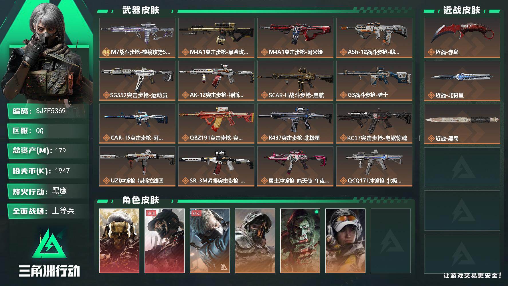 三角洲行动账号QQ【SJZF5369】总资产(M)：179M/哈夫币(K)：1947K/哈夫币(K)：1947K/传说枪皮数：24/全面战场等级：29_段位：上等兵/烽火地带等级：60_段位：黑鹰/红狼-蚀金玫瑰/露